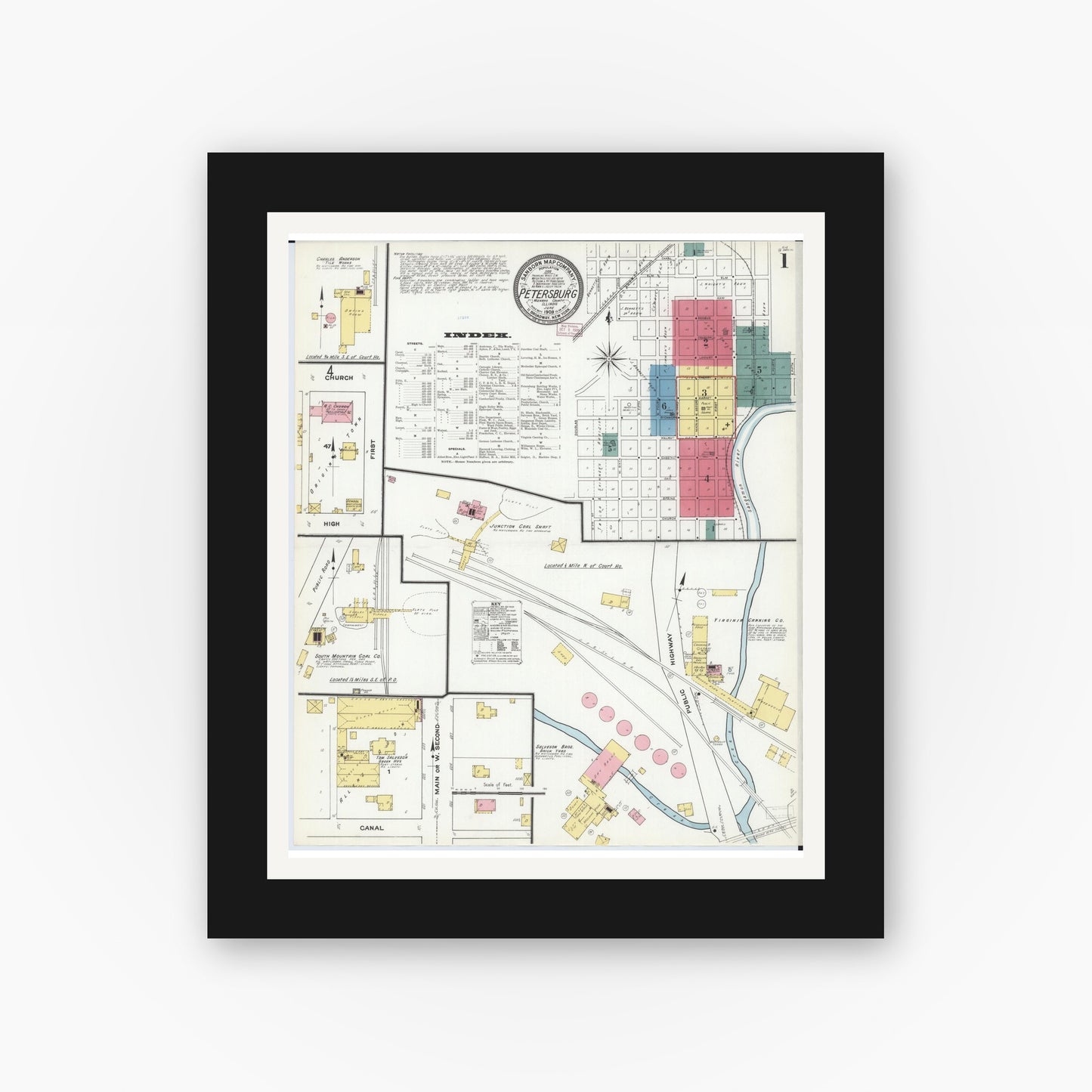Old map wall art mockup — black gallery frame with white mat — Sanborn Fire Insurance Map from Petersburg, Menard County, Illinois (1909) - Complete Map Set