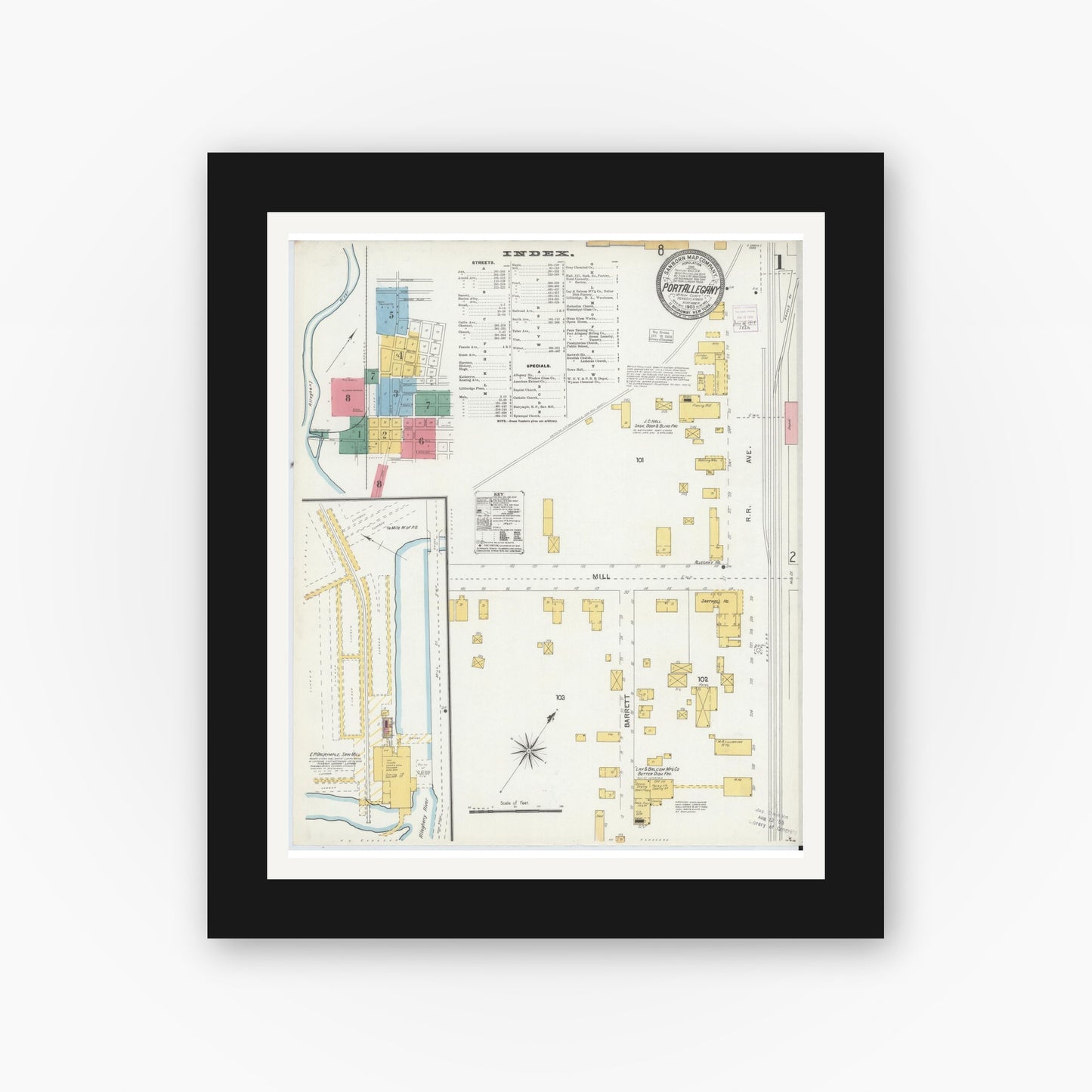 Old map wall art mockup — black gallery frame with white mat — Sanborn Fire Insurance Map from Port Allegany, McKean County, Pennsylvania (1903) - Complete Map Set
