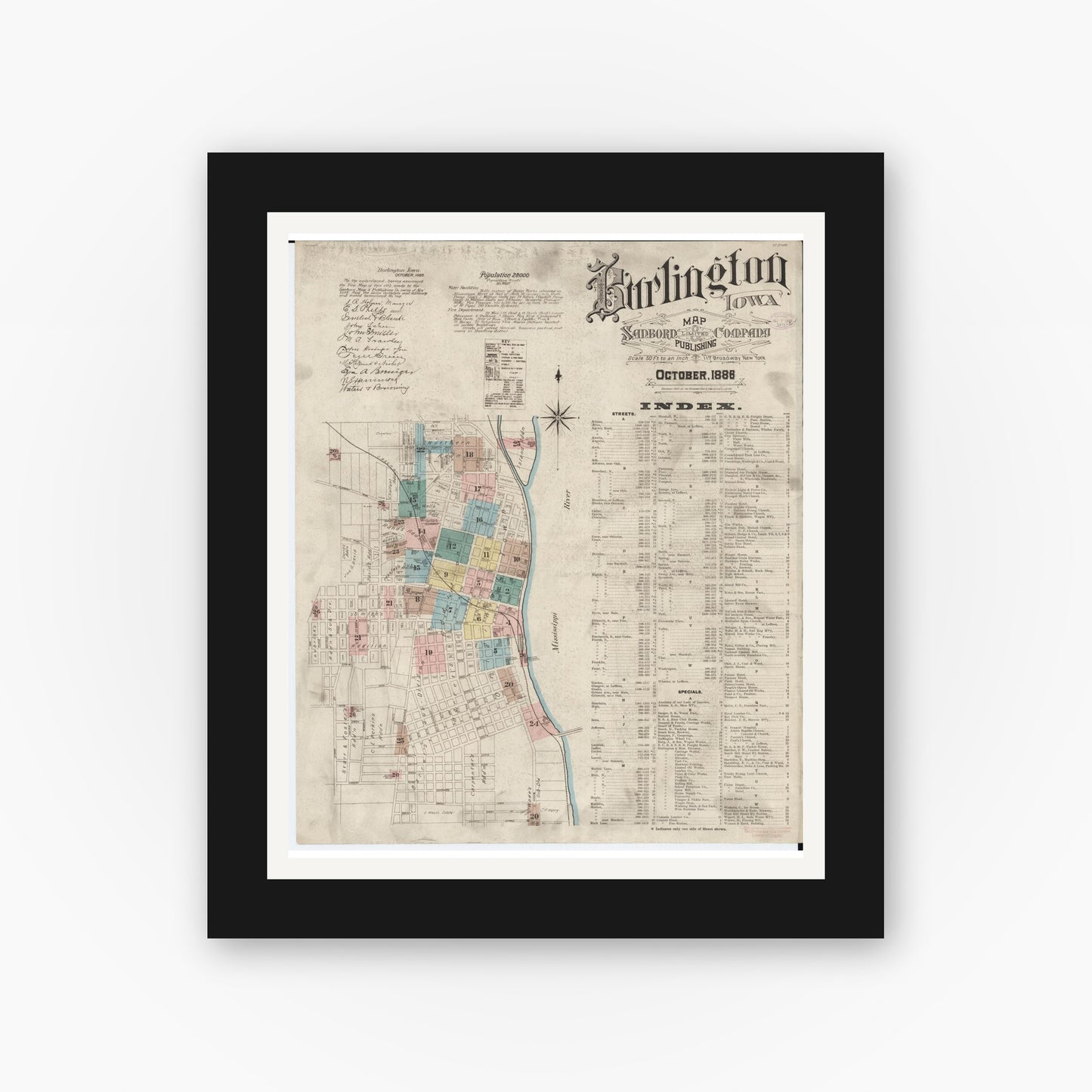 Old map wall art mockup — black gallery frame with white mat — Sanborn Fire Insurance Map from Burlington, Des Moines County, Iowa (1888) — Complete Set