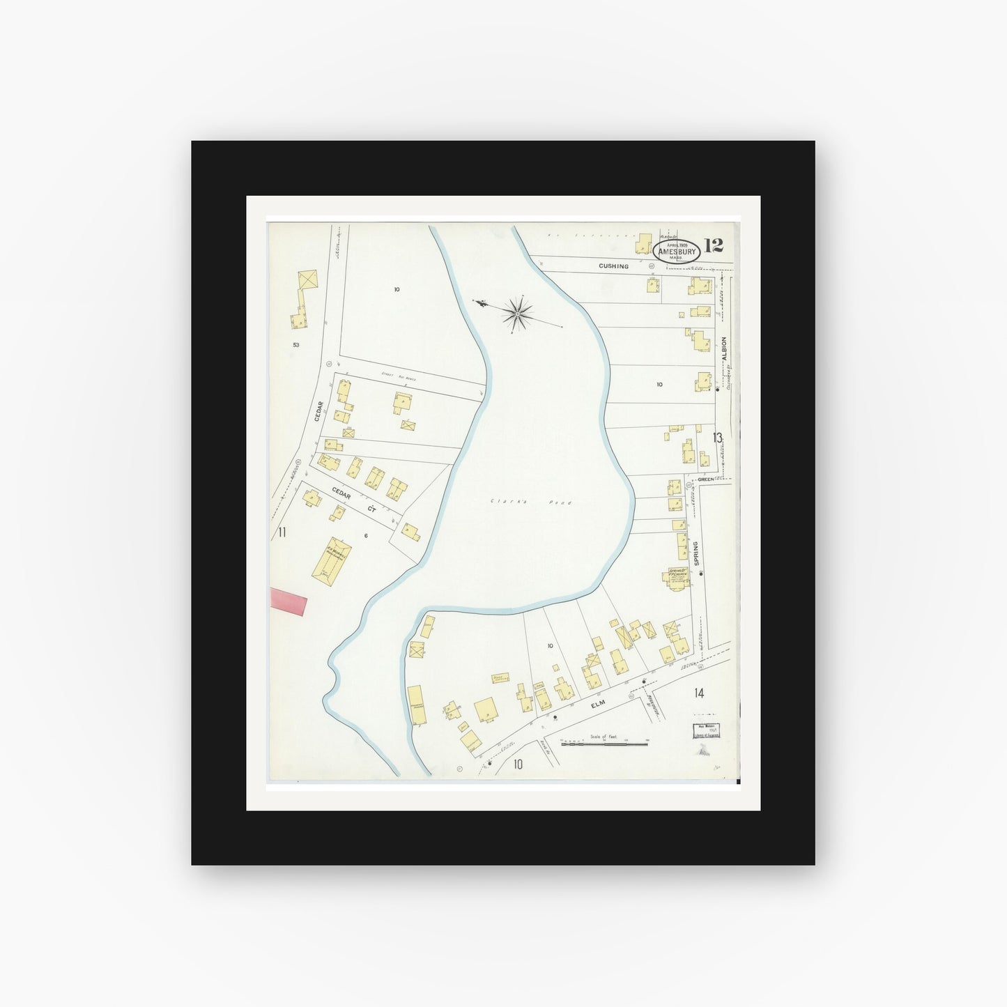 Old map wall art mockup — black gallery frame with white mat — Sanborn Fire Insurance Map from Amesbury, Essex County, Massachusetts (1909), Sheet #0012