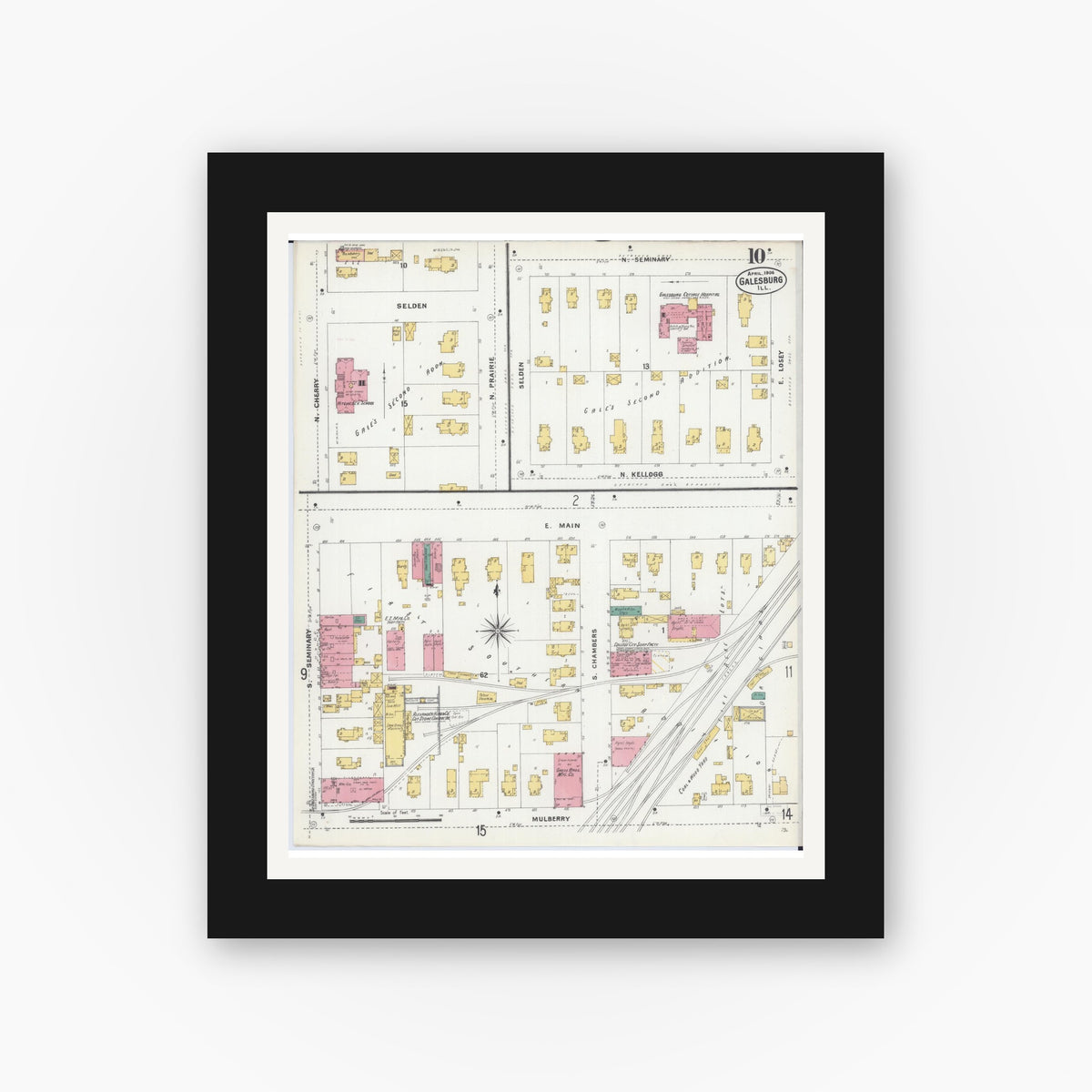 Old map wall art mockup — black gallery frame with white mat — Sanborn Fire Insurance Map from Galesburg, Knox County, Illinois (1906), Sheet #0010