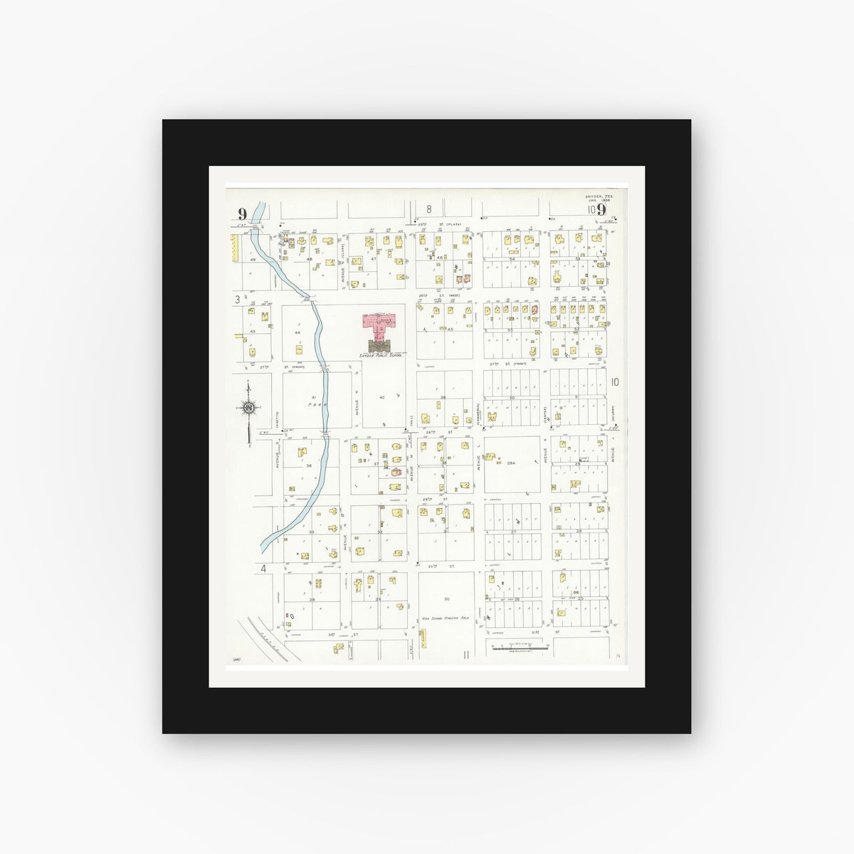 Old map wall art mockup — black gallery frame with white mat — Sanborn Fire Insurance Map from Snyder, Scurry County, Texas (1936), Sheet #0009