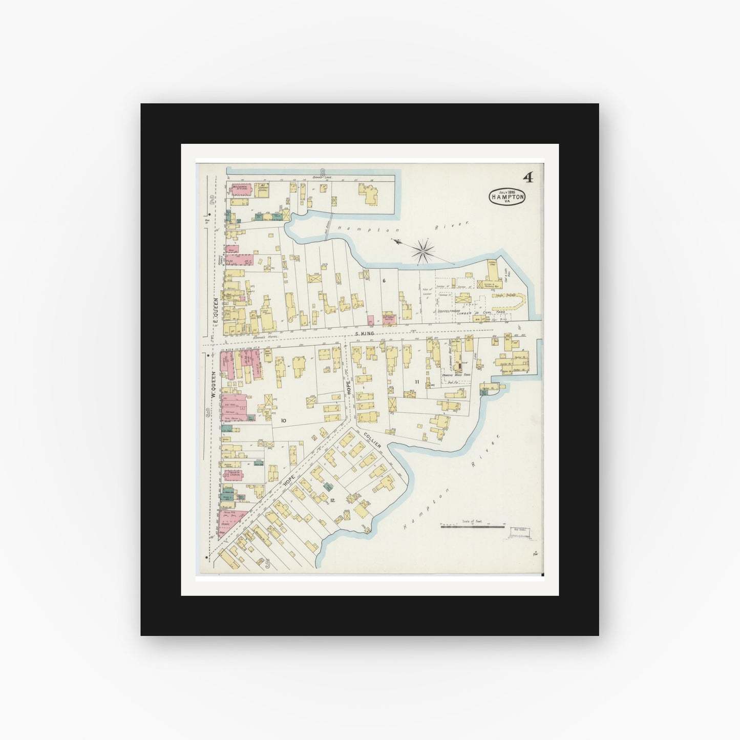 Old map wall art mockup — black gallery frame with white mat — Sanborn Fire Insurance Map from Hampton, Independent Cities, Virginia (1895), Sheet #0004