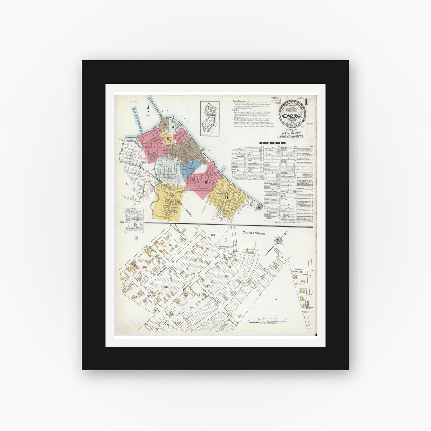 Old map wall art mockup — black gallery frame with white mat — Sanborn Fire Insurance Map from Keansburg, Monmouth County, New Jersey (1918), Sheet #0001