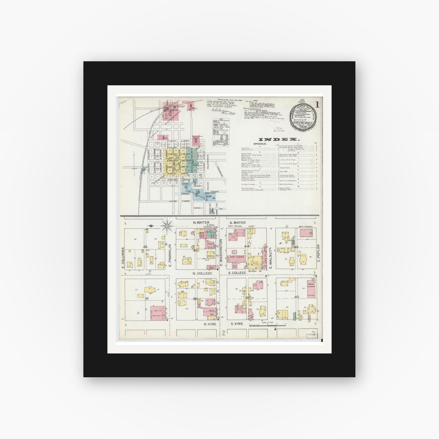 Old map wall art mockup — black gallery frame with white mat — Sanborn Fire Insurance Map from Greencastle, Putnam County, Indiana (1892), Sheet #0001