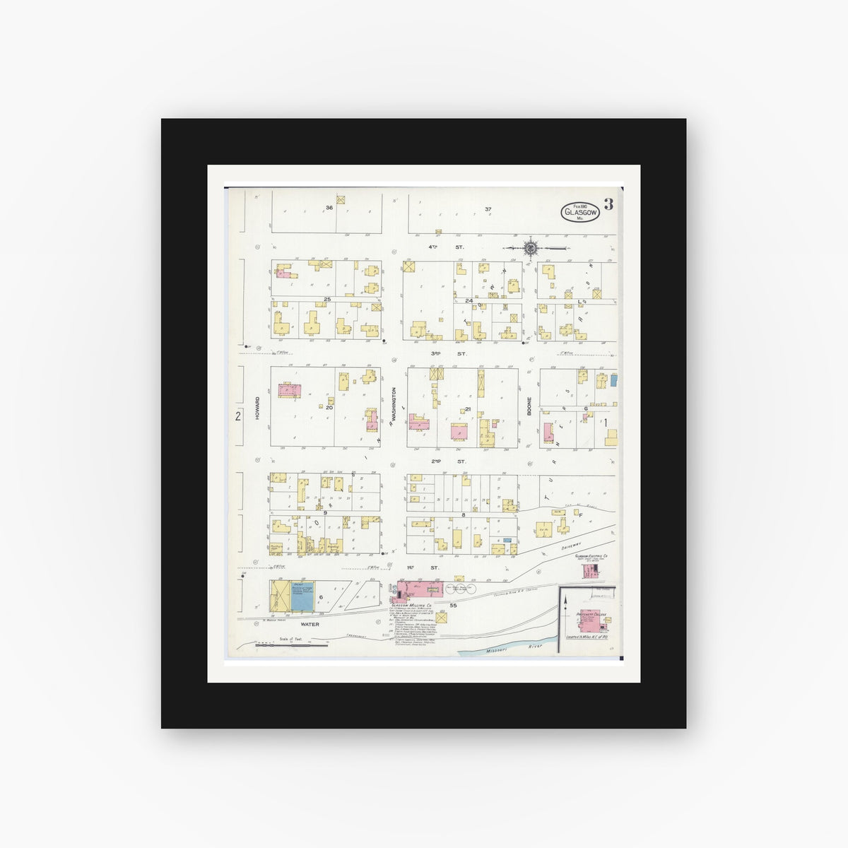 Old map wall art mockup — black gallery frame with white mat — Sanborn Fire Insurance Map from Glasgow, Howard County, Missouri (1910), Sheet #0003