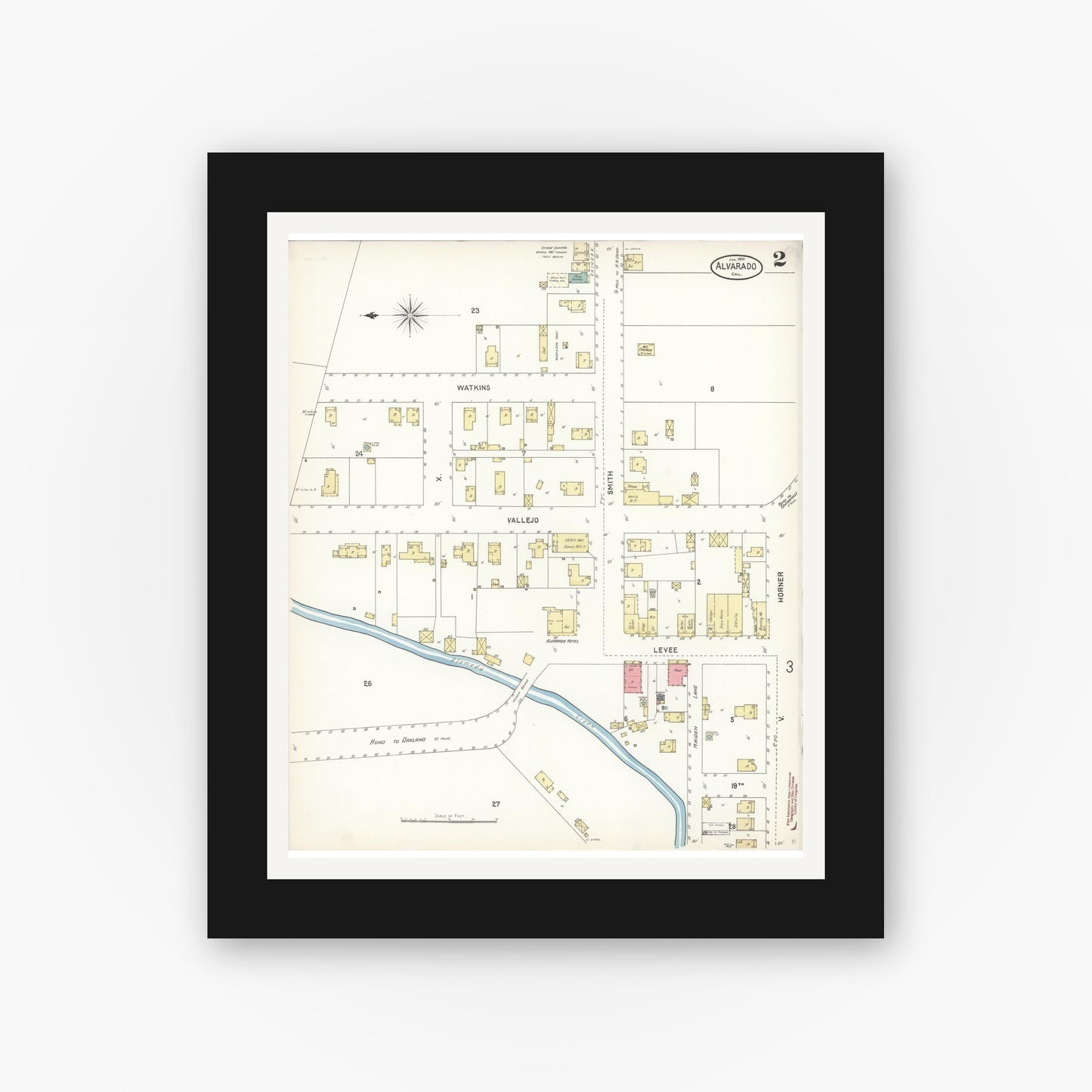Old map wall art mockup — black gallery frame with white mat — Sanborn Fire Insurance Map from Alvarado, Alameda County, California (1901), Sheet #0002