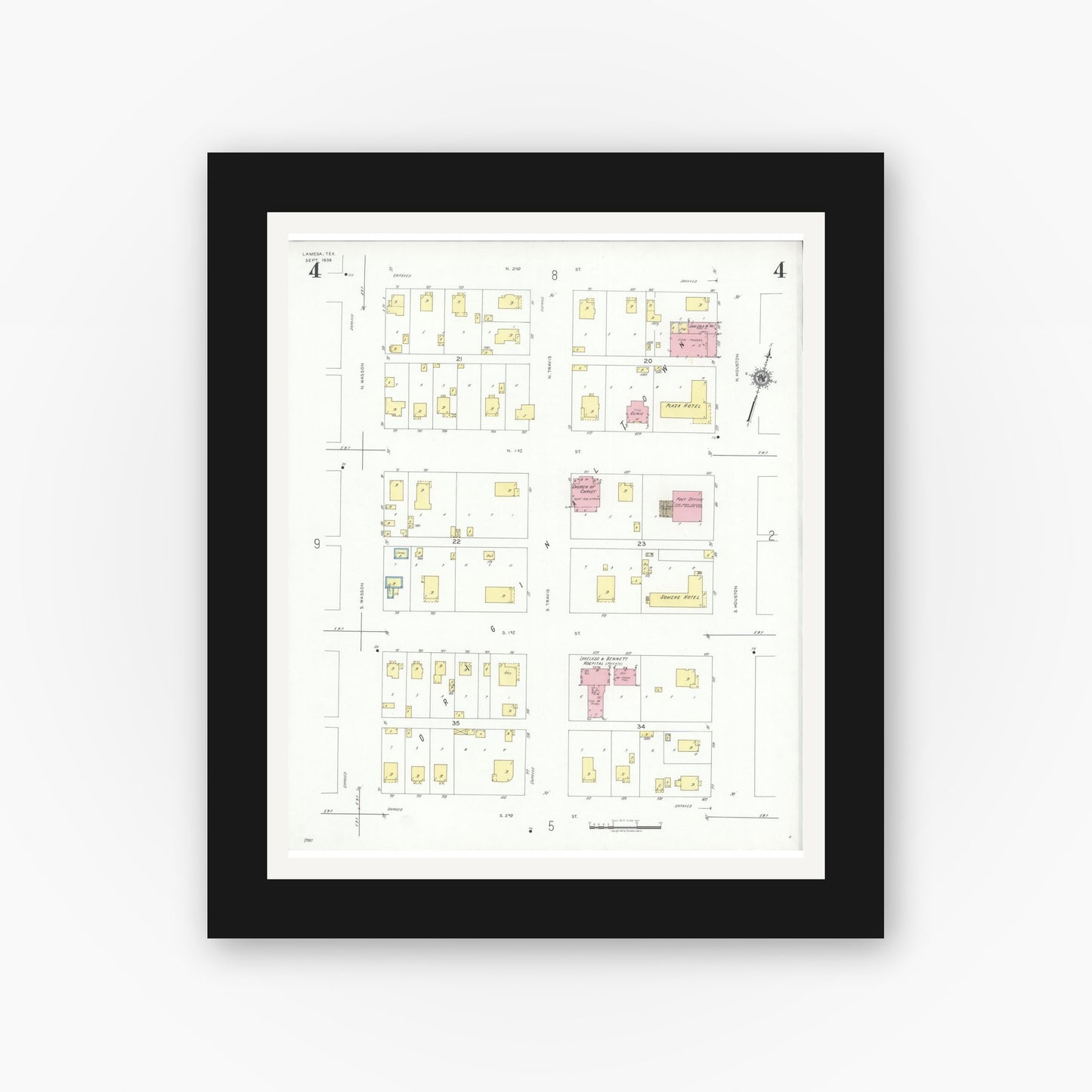 Old map wall art mockup — black gallery frame with white mat — Sanborn Fire Insurance Map from Lamesa, Dawson County, Texas (1939), Sheet #0004