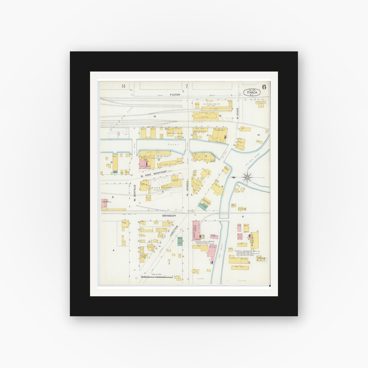Old map wall art mockup — black gallery frame with white mat — Sanborn Fire Insurance Map from Ithaca, Tompkins County, New York (1904), Sheet #0006