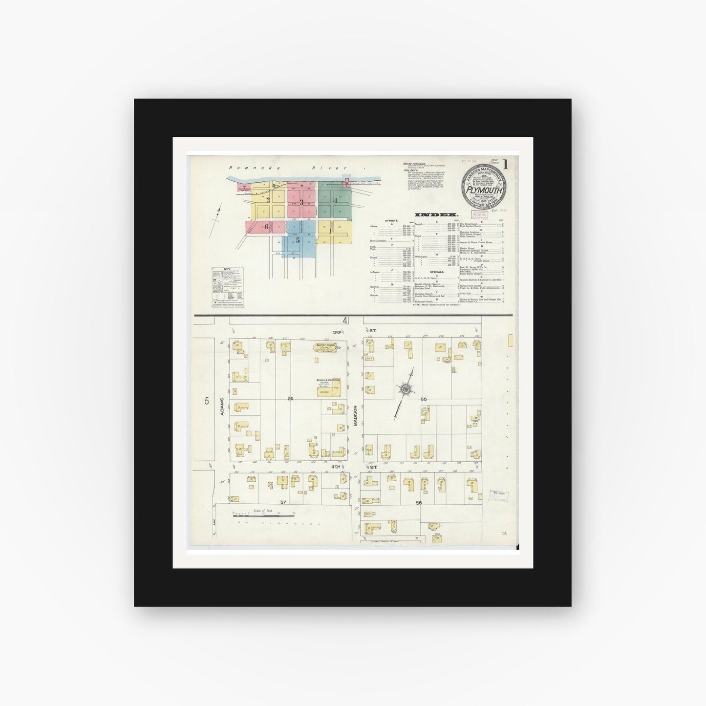 Old map wall art mockup — black gallery frame with white mat — Sanborn Fire Insurance Map from Plymouth, Washington County, North Carolina (1910) - Complete Map Set
