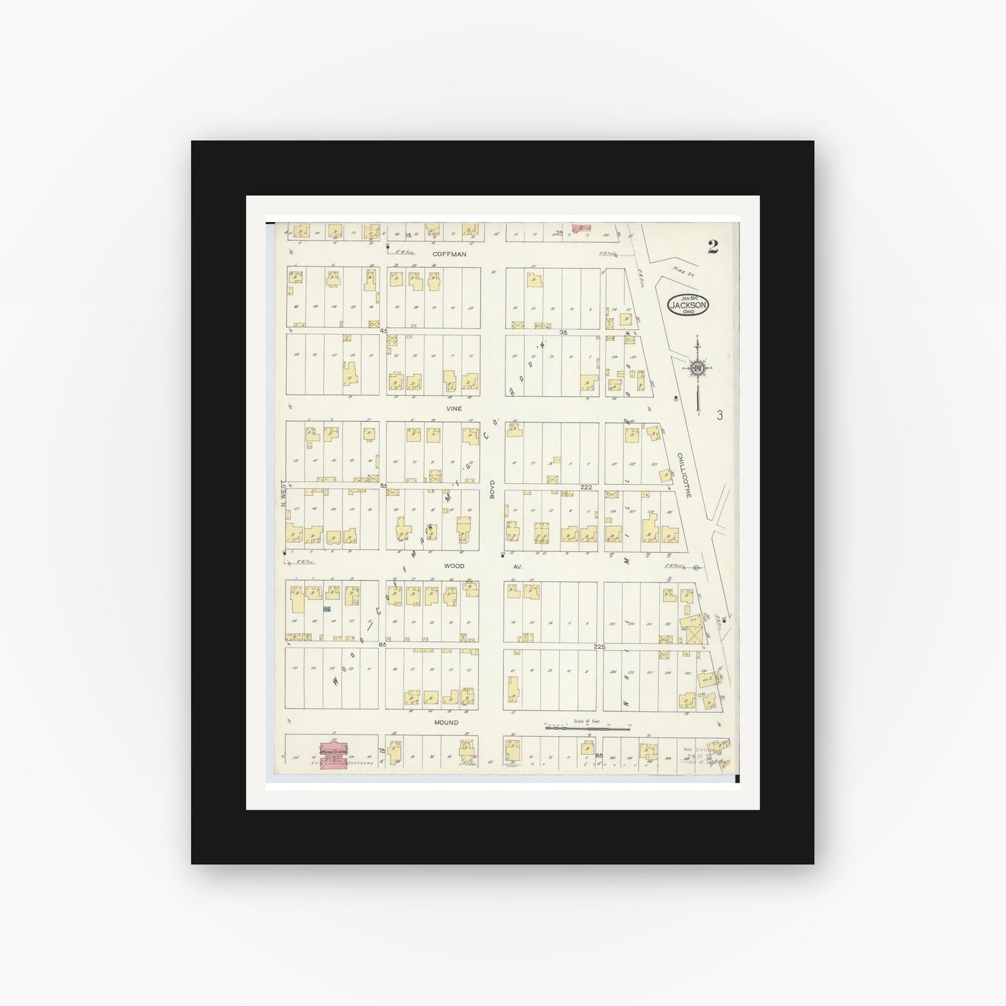 Old map wall art mockup — black gallery frame with white mat — Sanborn Fire Insurance Map from Jackson, Jackson County, Ohio (1914), Sheet #0002