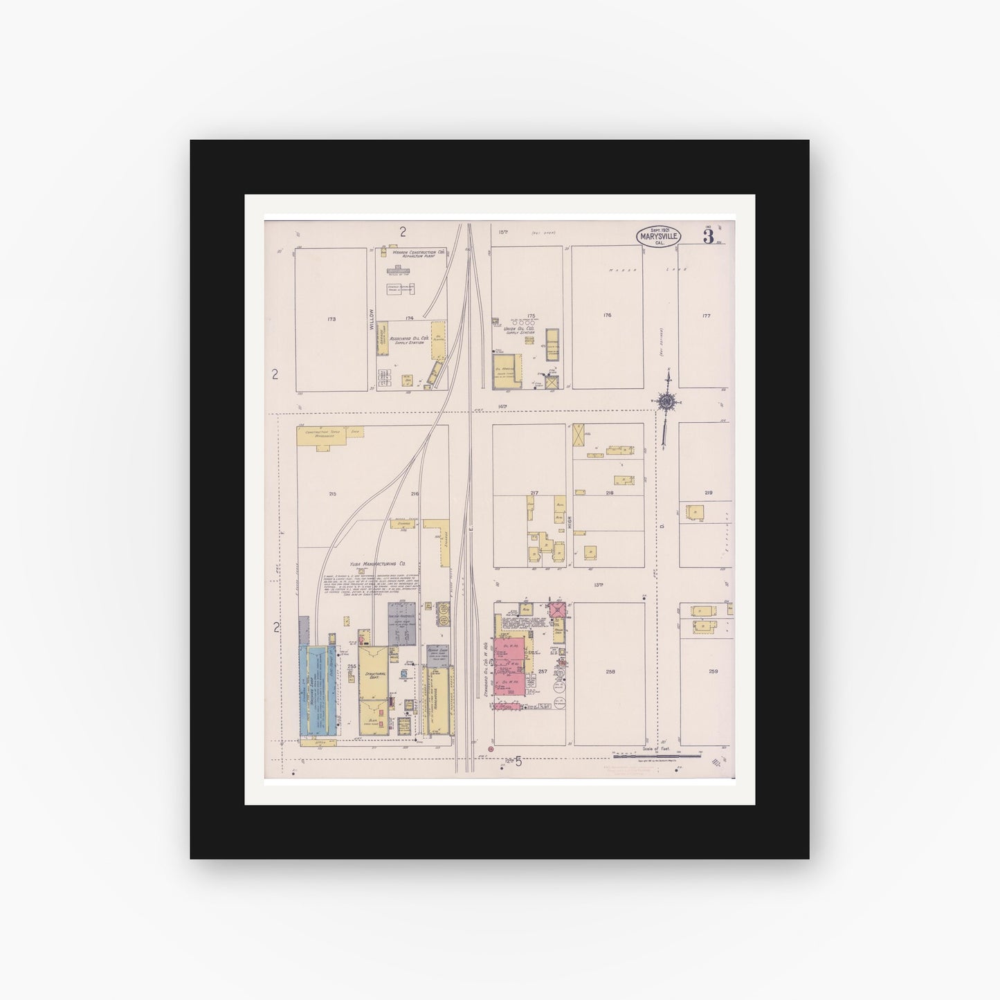 Old map wall art mockup — black gallery frame with white mat — Sanborn Fire Insurance Map from Marysville, Yuba County, California (1921), Sheet #0003