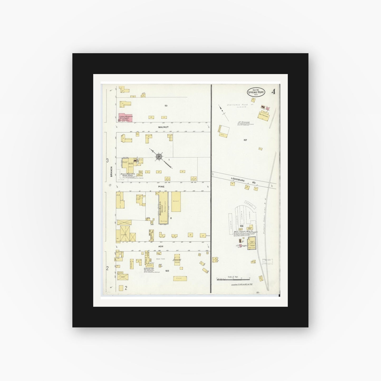 Old map wall art mockup — black gallery frame with white mat — Sanborn Fire Insurance Map from Spring Hope, Nash County, North Carolina (1911), Sheet #0004