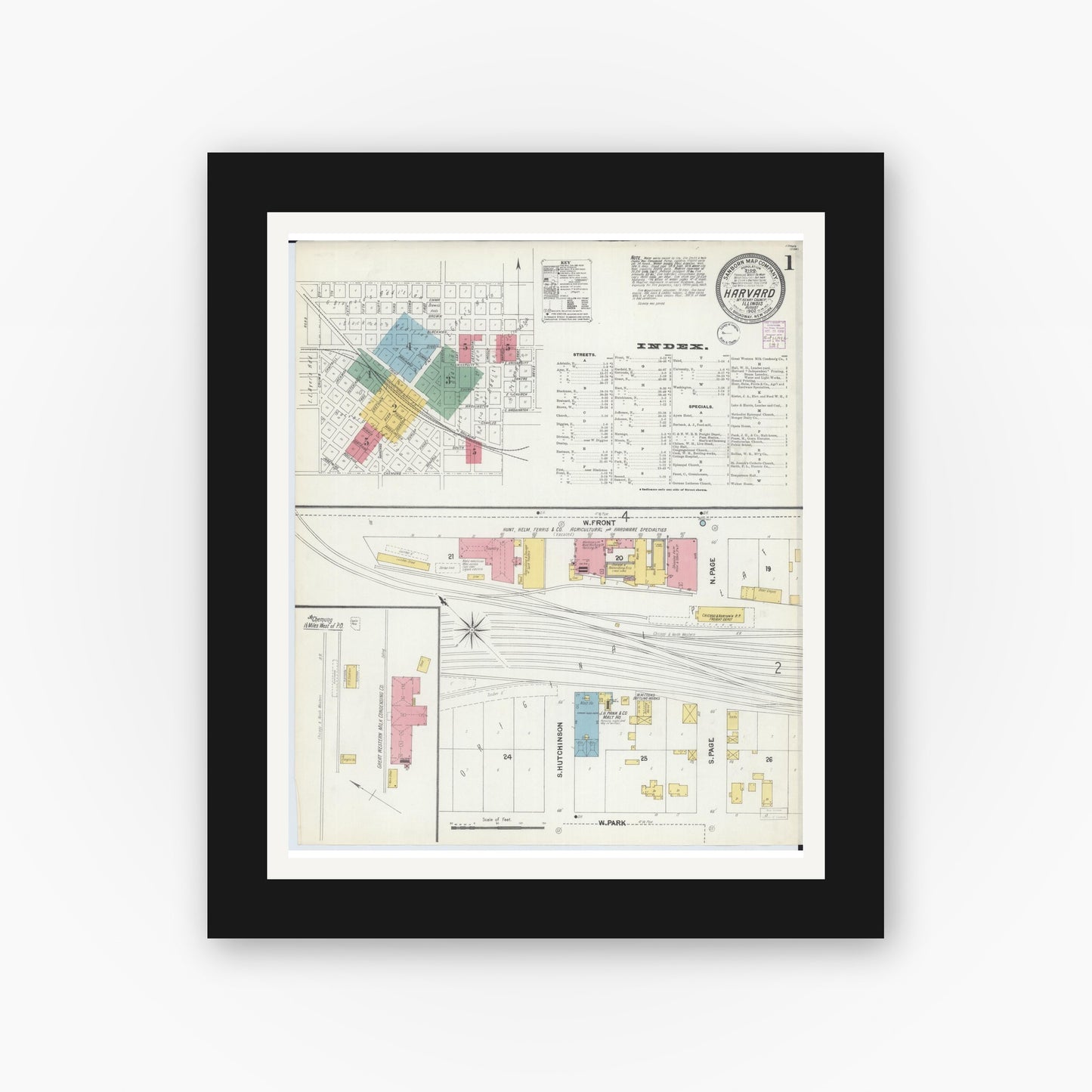 Old map wall art mockup — black gallery frame with white mat — Sanborn Fire Insurance Map from Harvard, McHenry County, Illinois (1902), Sheet #0001