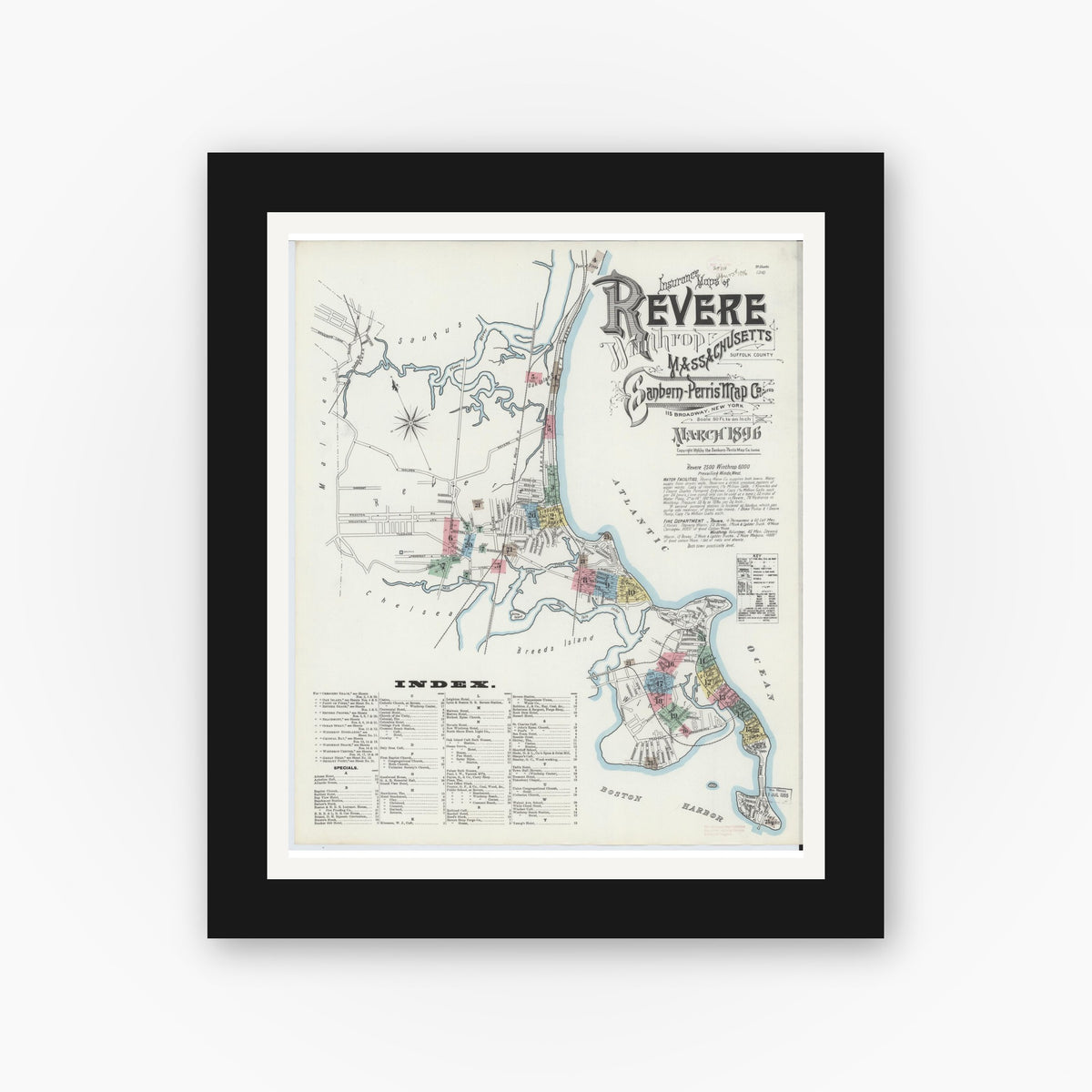 Old map wall art mockup — black gallery frame with white mat — Sanborn Fire Insurance Map from Revere, Suffolk County, Massachusetts (1896), Sheet #0001