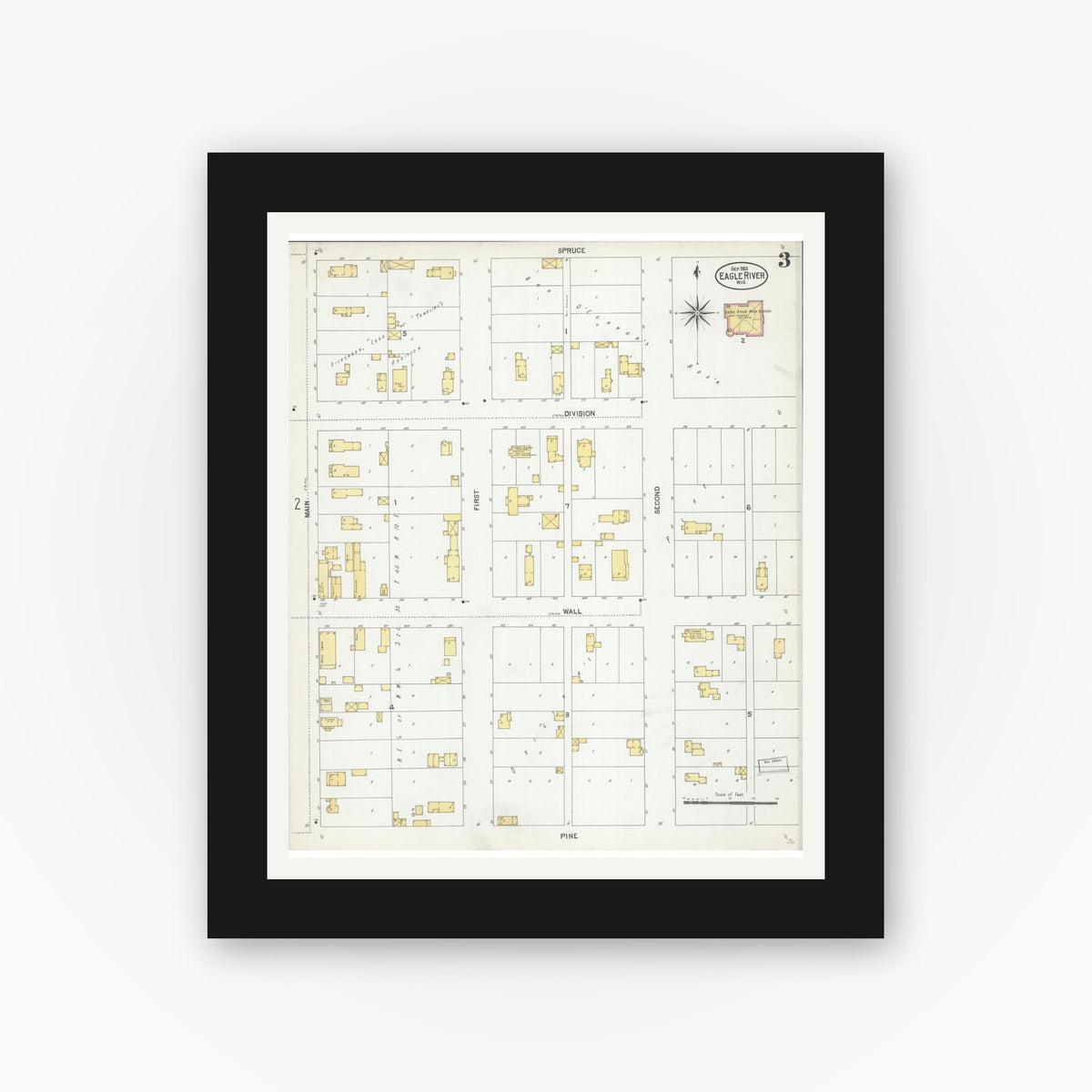 Old map wall art mockup — black gallery frame with white mat — Sanborn Fire Insurance Map from Eagle River, Vilas County, Wisconsin (1901), Sheet #0003