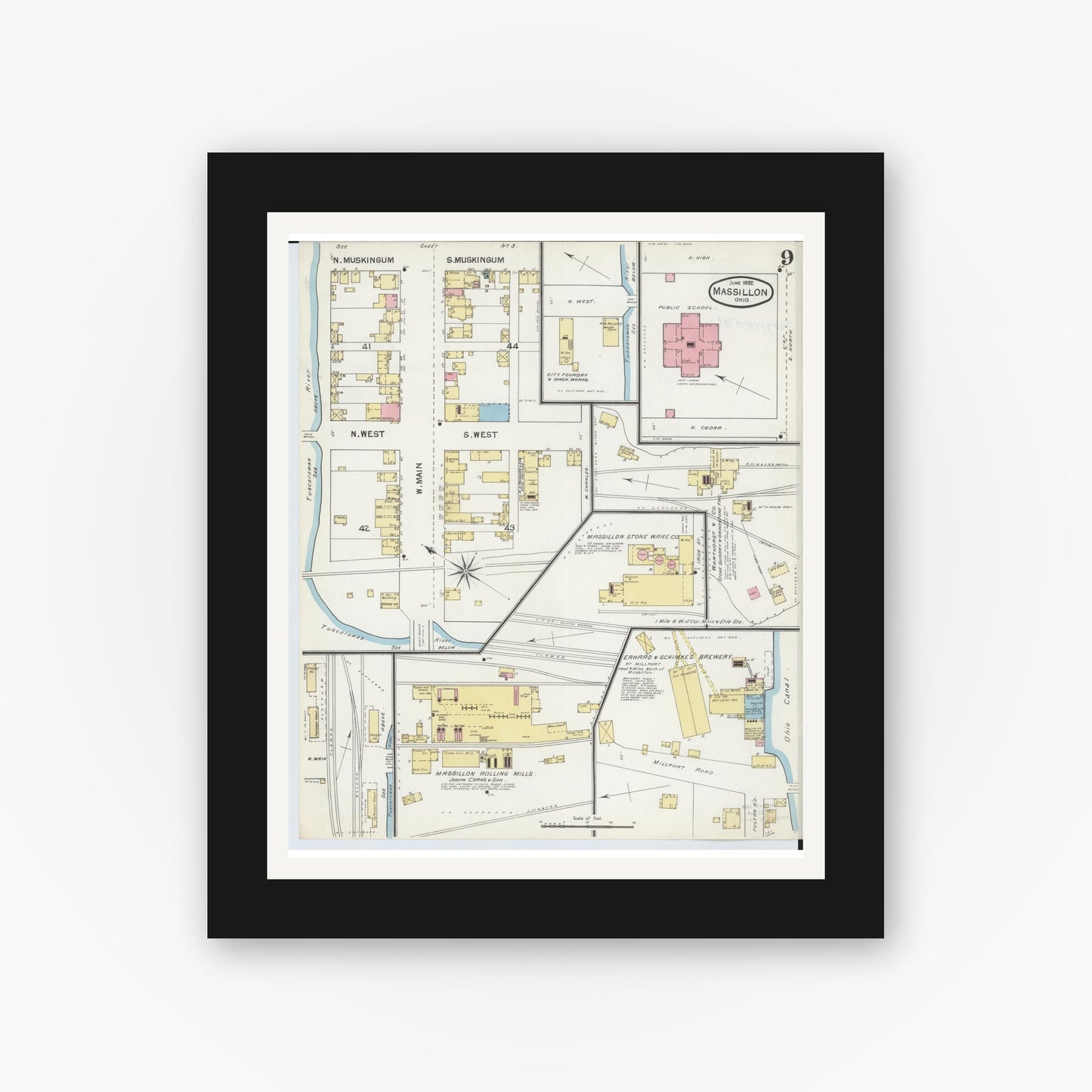 Old map wall art mockup — black gallery frame with white mat — Sanborn Fire Insurance Map from Massillon, Stark County, Ohio (1892), Sheet #0009