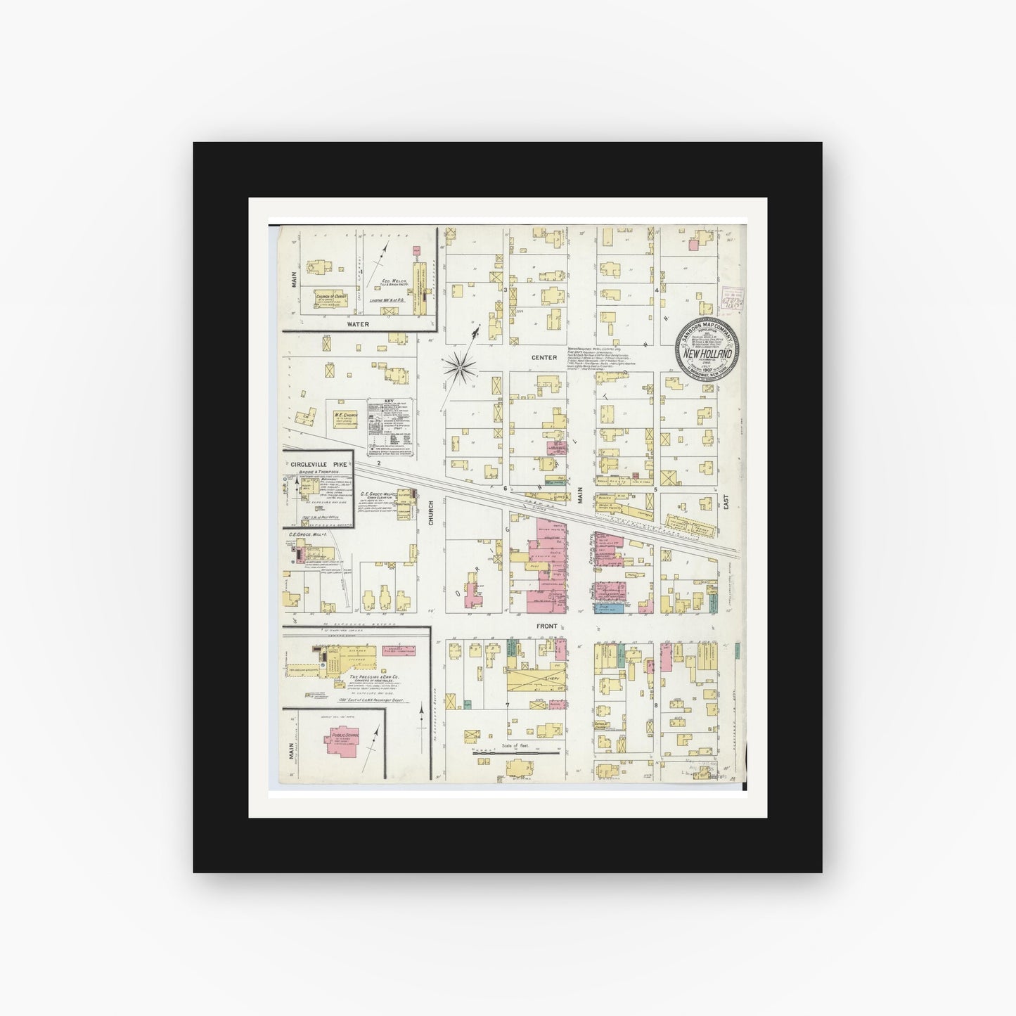 Old map wall art mockup — black gallery frame with white mat — Sanborn Fire Insurance Map from New Holland, Pickaway County, Ohio (1907), Sheet #0001