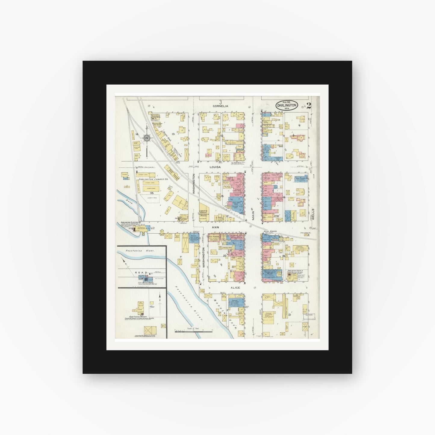 Old map wall art mockup — black gallery frame with white mat — Sanborn Fire Insurance Map from Darlington, Lafayette County, Wisconsin (1915), Sheet #0002