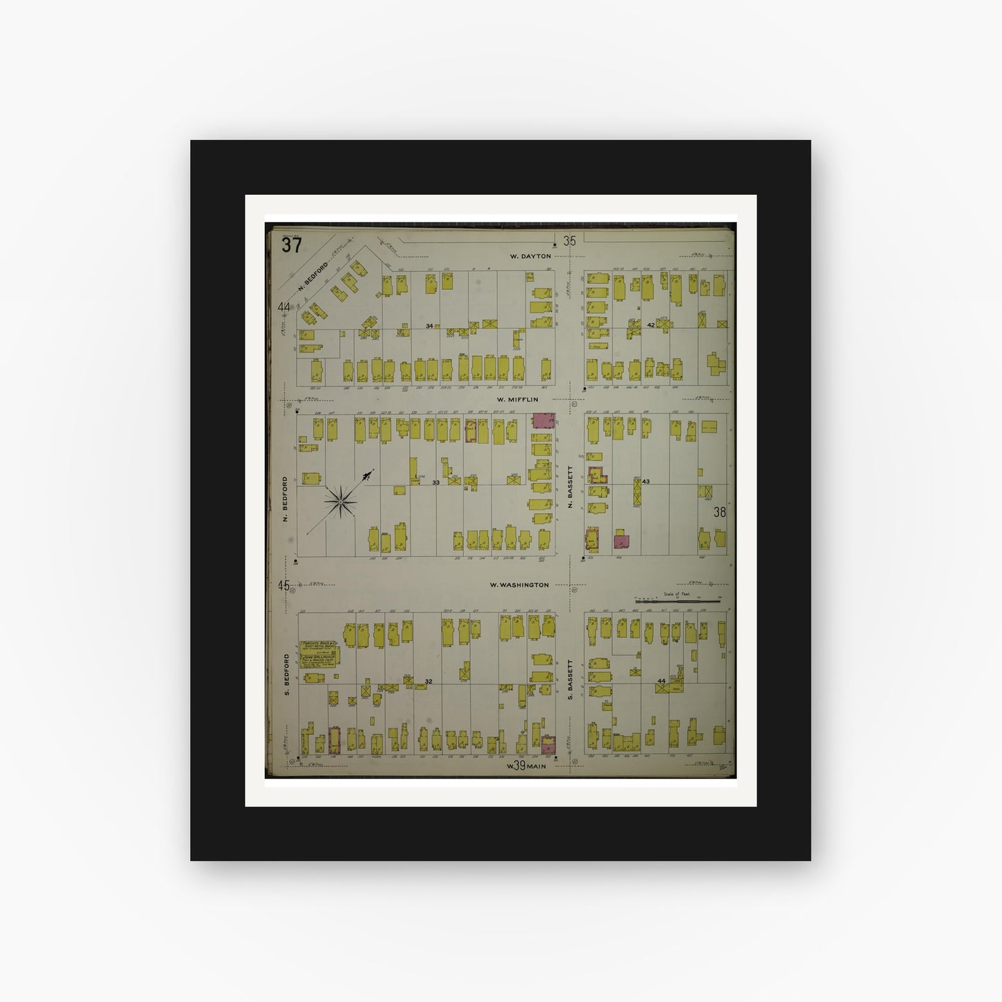 Old map wall art mockup — black gallery frame with white mat — Sanborn Fire Insurance Map from Madison, Dane County, Wisconsin (1908), Sheet #0037
