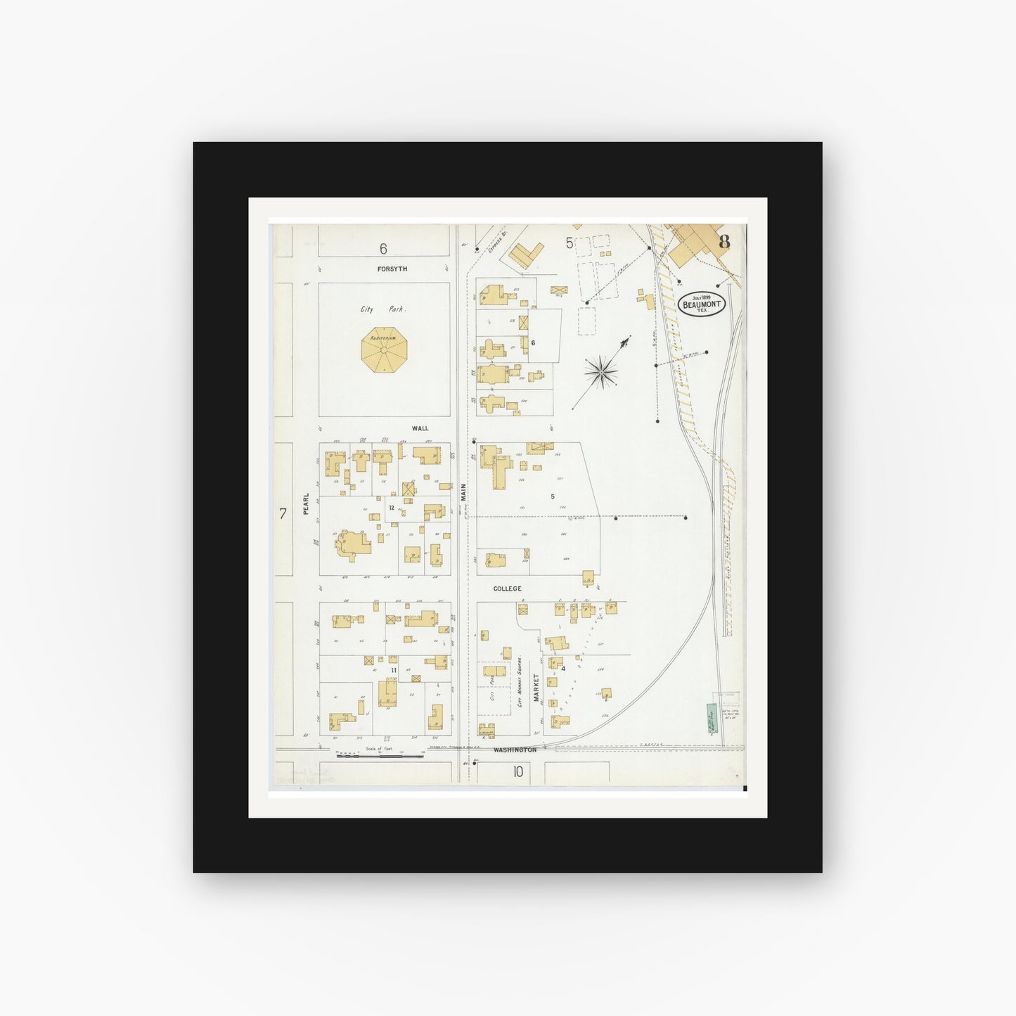 Old map wall art mockup — black gallery frame with white mat — Sanborn Fire Insurance Map from Beaumont, Jefferson County, Texas (1899), Sheet #0008