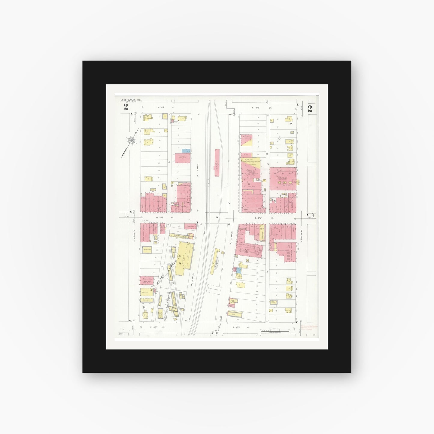 Old map wall art mockup — black gallery frame with white mat — Sanborn Fire Insurance Map from Lee's Summit, Jackson County, Missouri (1935), Sheet #0002