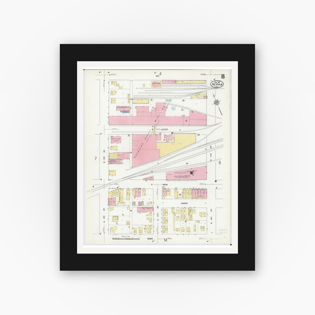 Old map wall art mockup — black gallery frame with white mat — Sanborn Fire Insurance Map from De Kalb, De Kalb County, Illinois (1912), Sheet #0008