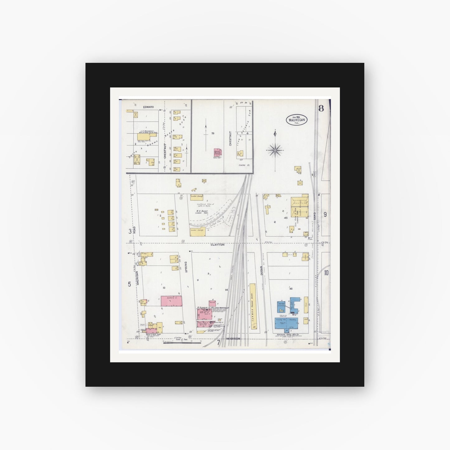 Old map wall art mockup — black gallery frame with white mat — Sanborn Fire Insurance Map from Waukegan, Lake County, Illinois (1906), Sheet #0008