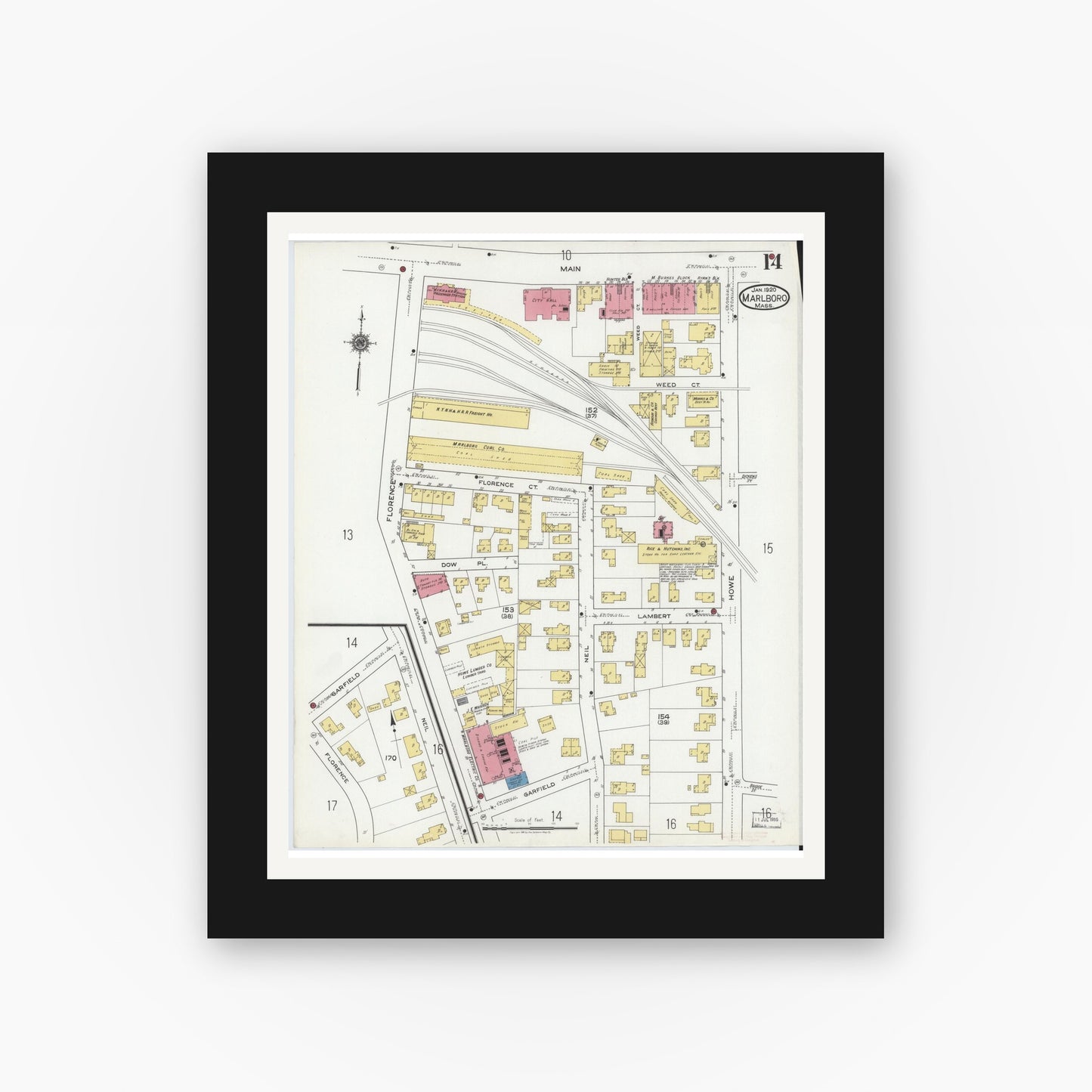 Old map wall art mockup — black gallery frame with white mat — Sanborn Fire Insurance Map from Marlborough, Middlesex County, Massachusetts (1920), Sheet #0014