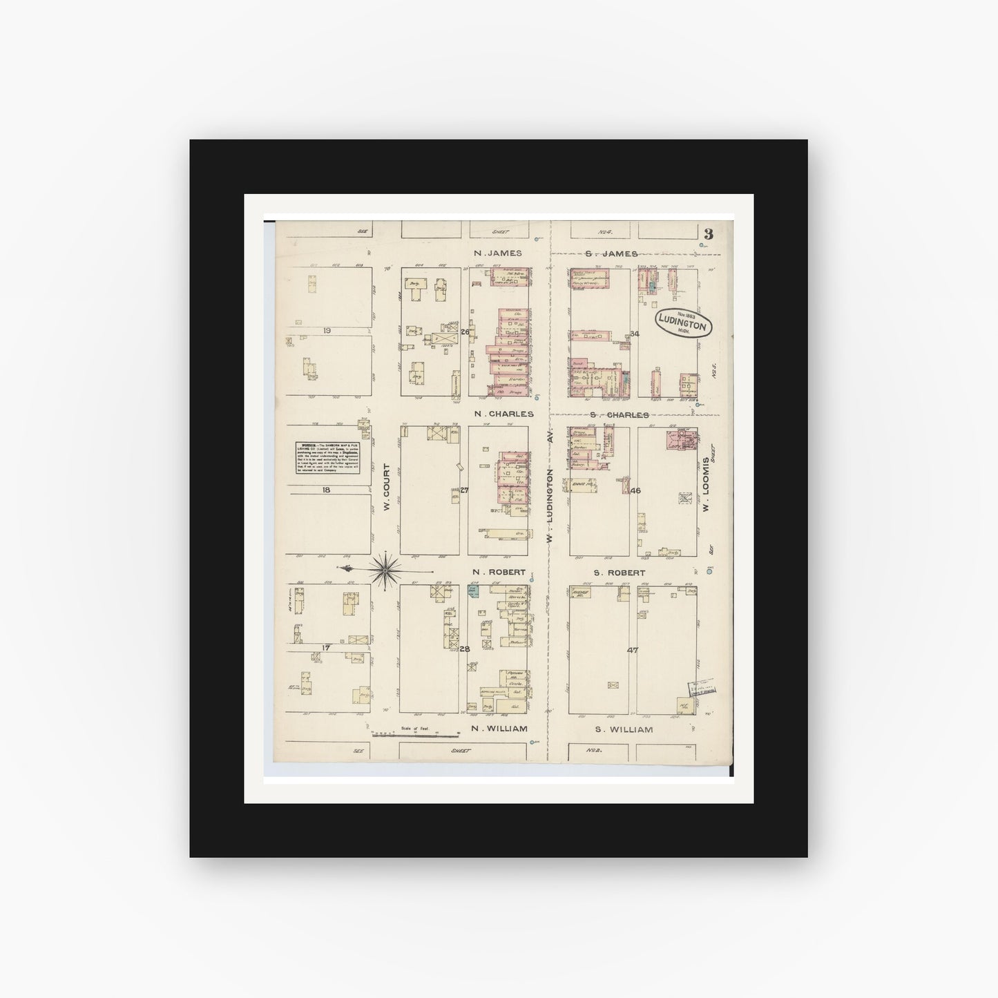 Old map wall art mockup — black gallery frame with white mat — Sanborn Fire Insurance Map from Ludington, Mason County, Michigan (1883), Sheet #0003