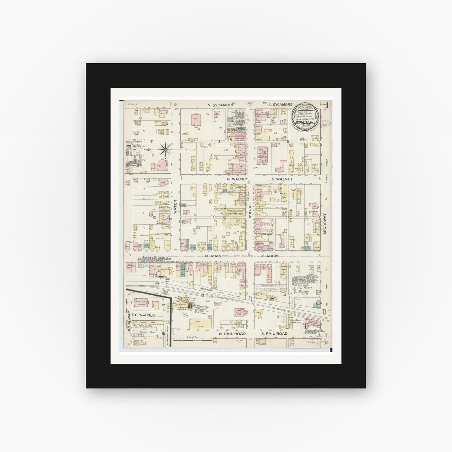 Old map wall art mockup — black gallery frame with white mat — Sanborn Fire Insurance Map from Harrison, Hamilton County, Ohio (1887) - Complete Map Set