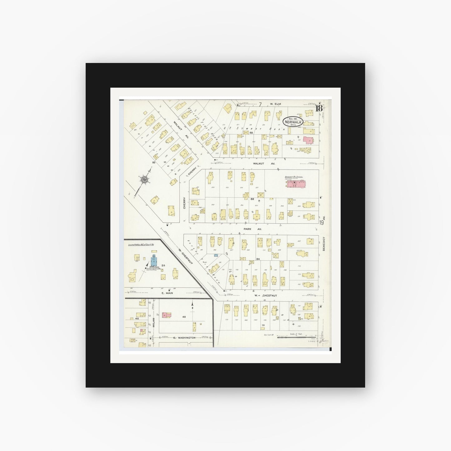 Old map wall art mockup — black gallery frame with white mat — Sanborn Fire Insurance Map from Norwalk, Huron County, Ohio (1911), Sheet #0018