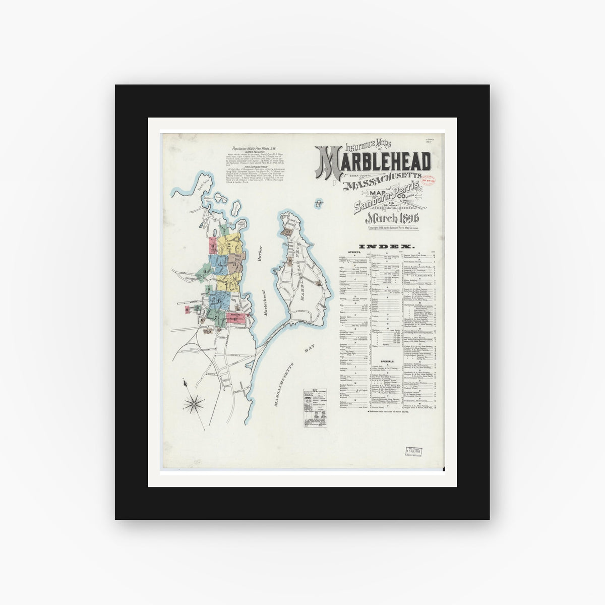 Old map wall art mockup — black gallery frame with white mat — Sanborn Fire Insurance Map from Marblehead, Essex County, Massachusetts (1896) - Complete Map Set