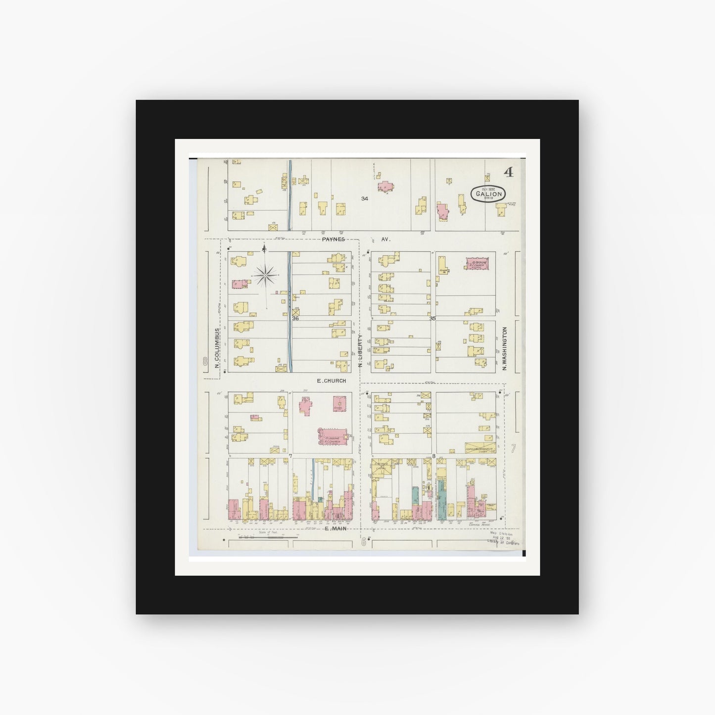 Old map wall art mockup — black gallery frame with white mat — Sanborn Fire Insurance Map from Galion, Crawford County, Ohio (1892), Sheet #0004