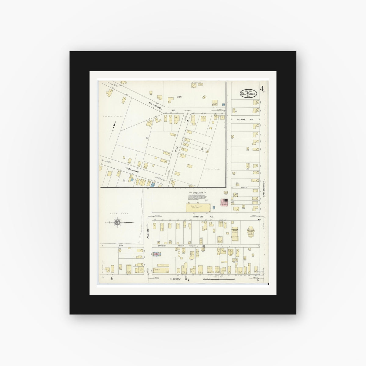 Old map wall art mockup β black gallery frame with white mat β Sanborn Fire Insurance Map from Old Forge, Lackawanna County, Pennsylvania (1914), Sheet #0004