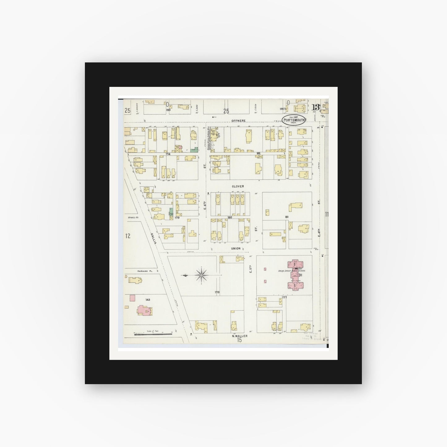 Old map wall art mockup — black gallery frame with white mat — Sanborn Fire Insurance Map from Portsmouth, Scioto County, Ohio (1897), Sheet #0013