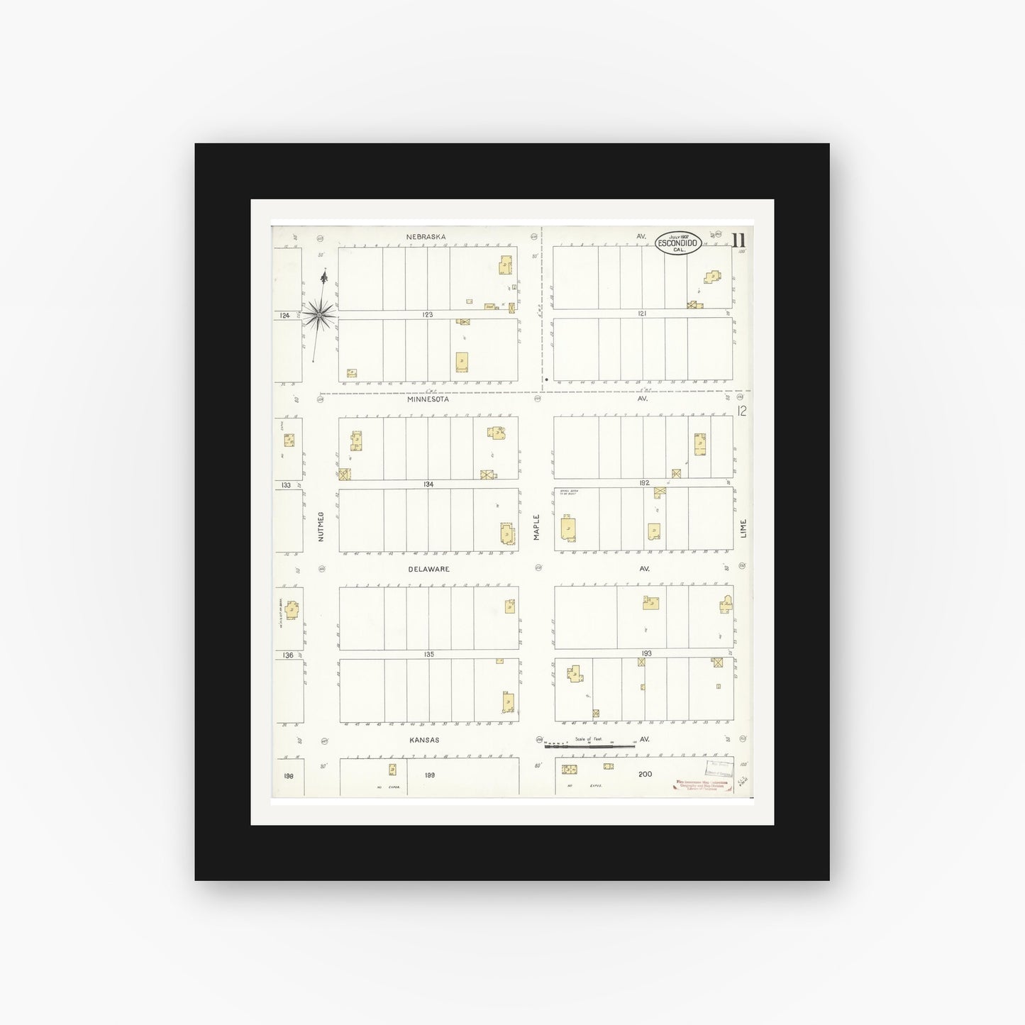 Old map wall art mockup — black gallery frame with white mat — Sanborn Fire Insurance Map from Escondido, San Diego County, California (1907), Sheet #0011