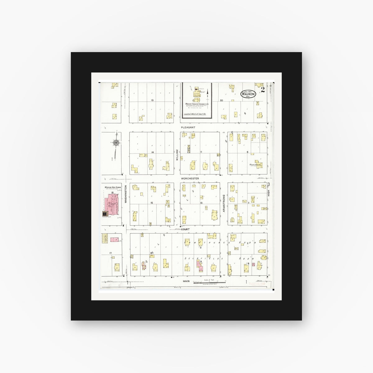 Old map wall art mockup — black gallery frame with white mat — Sanborn Fire Insurance Map from Waukon, Allamakee County, Iowa (1920), Sheet #0002
