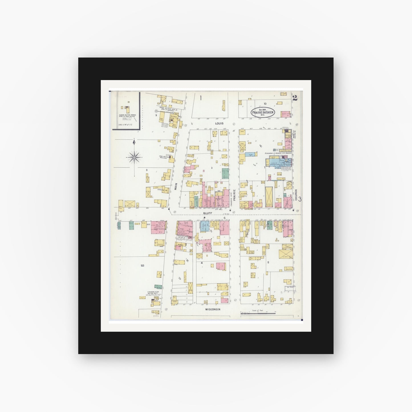 Old map wall art mockup — black gallery frame with white mat — Sanborn Fire Insurance Map from Prairie du Chien, Crawford County, Wisconsin (1899), Sheet #0002