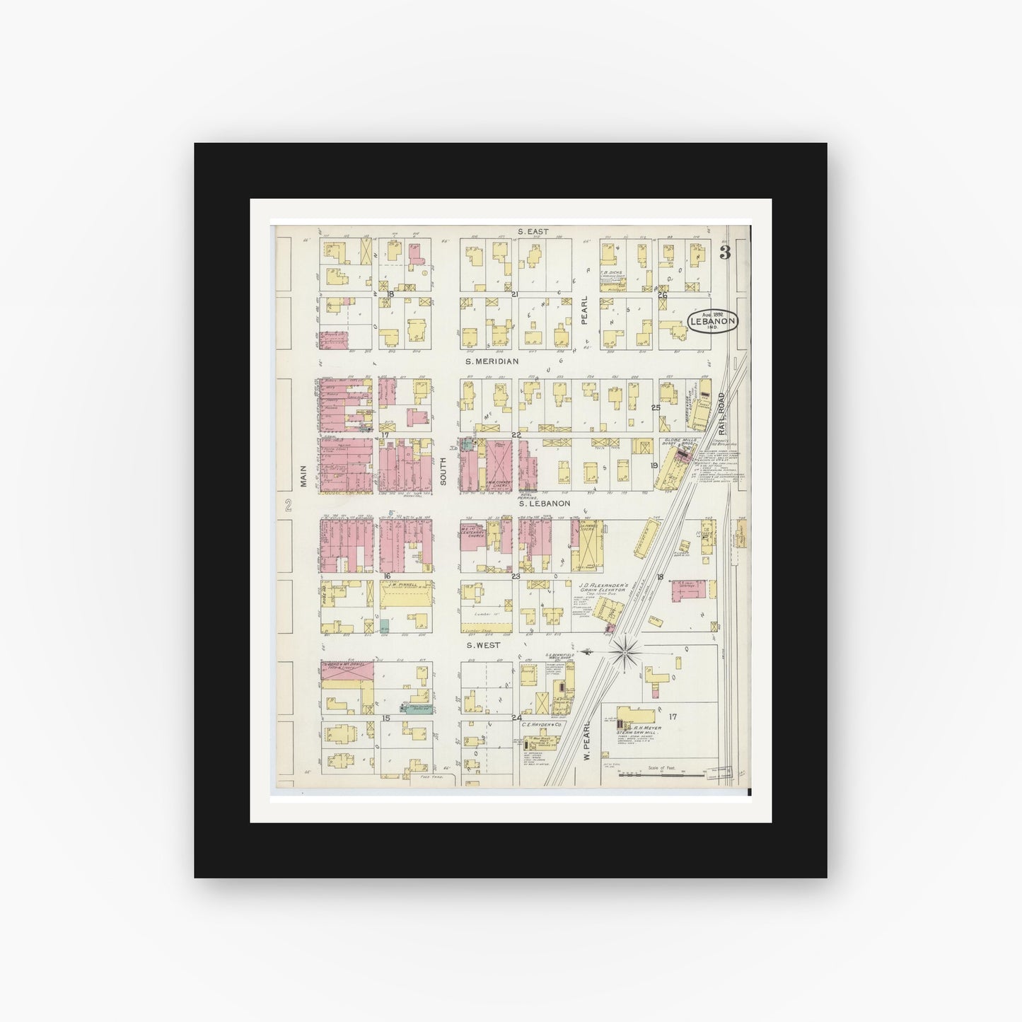 Old map wall art mockup — black gallery frame with white mat — Sanborn Fire Insurance Map from Lebanon, Boone County, Indiana (1892), Sheet #0003