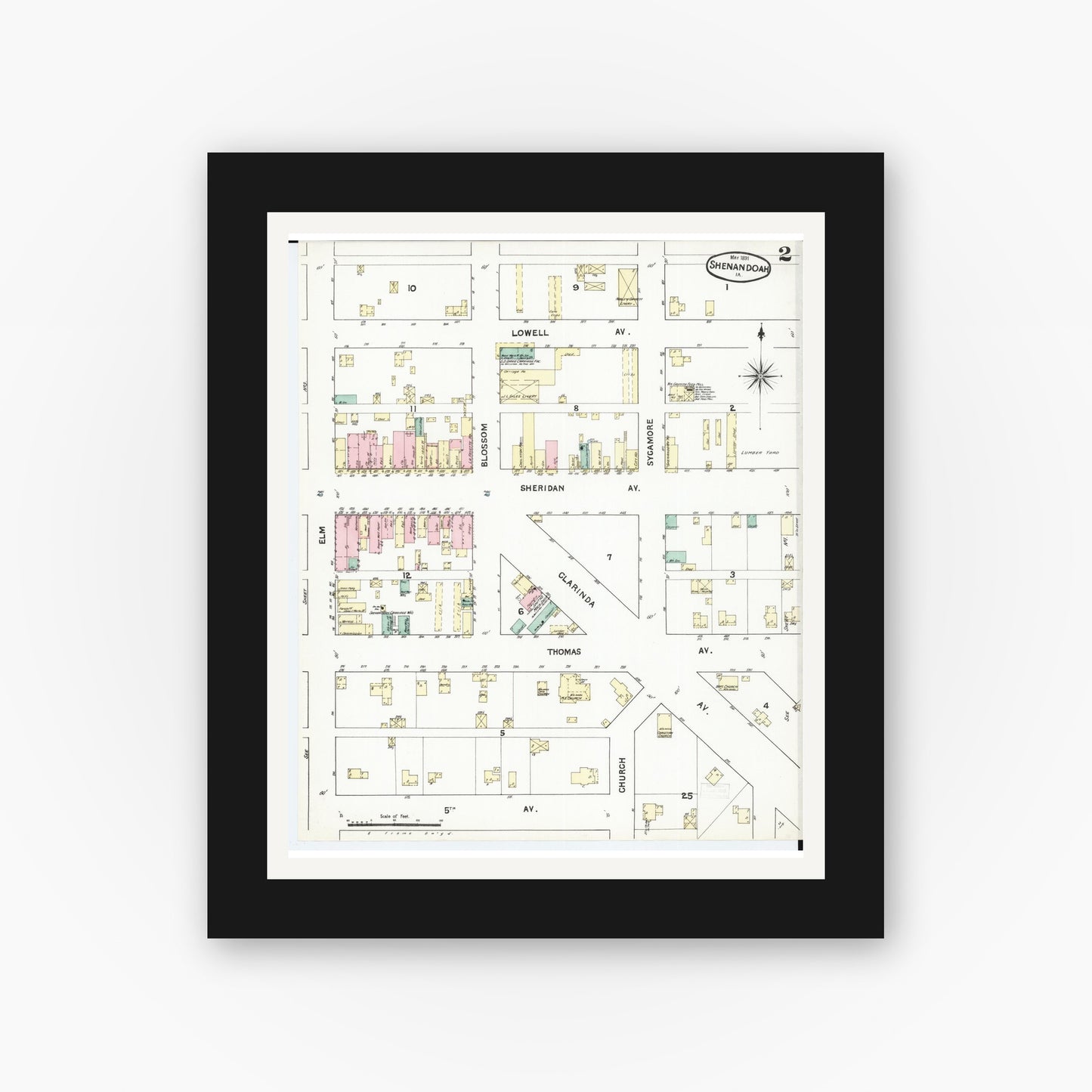 Old map wall art mockup β black gallery frame with white mat β Sanborn Fire Insurance Map from Shenandoah, Page County, Iowa (1891), Sheet #0002
