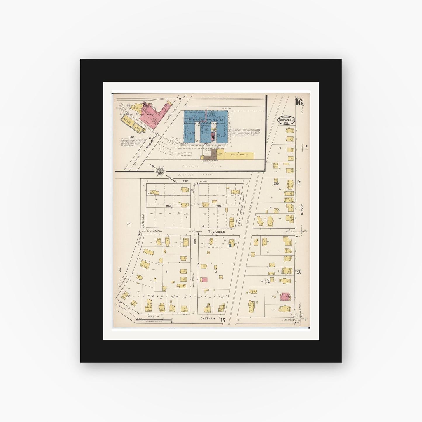 Old map wall art mockup — black gallery frame with white mat — Sanborn Fire Insurance Map from Norwalk, Huron County, Ohio (1922), Sheet #0016