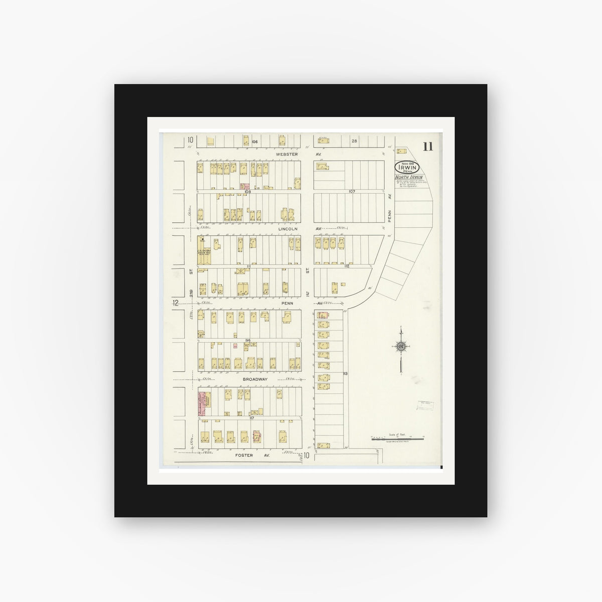 Old map wall art mockup — black gallery frame with white mat — Sanborn Fire Insurance Map from Irwin, Westmoreland County, Pennsylvania (1919), Sheet #0011