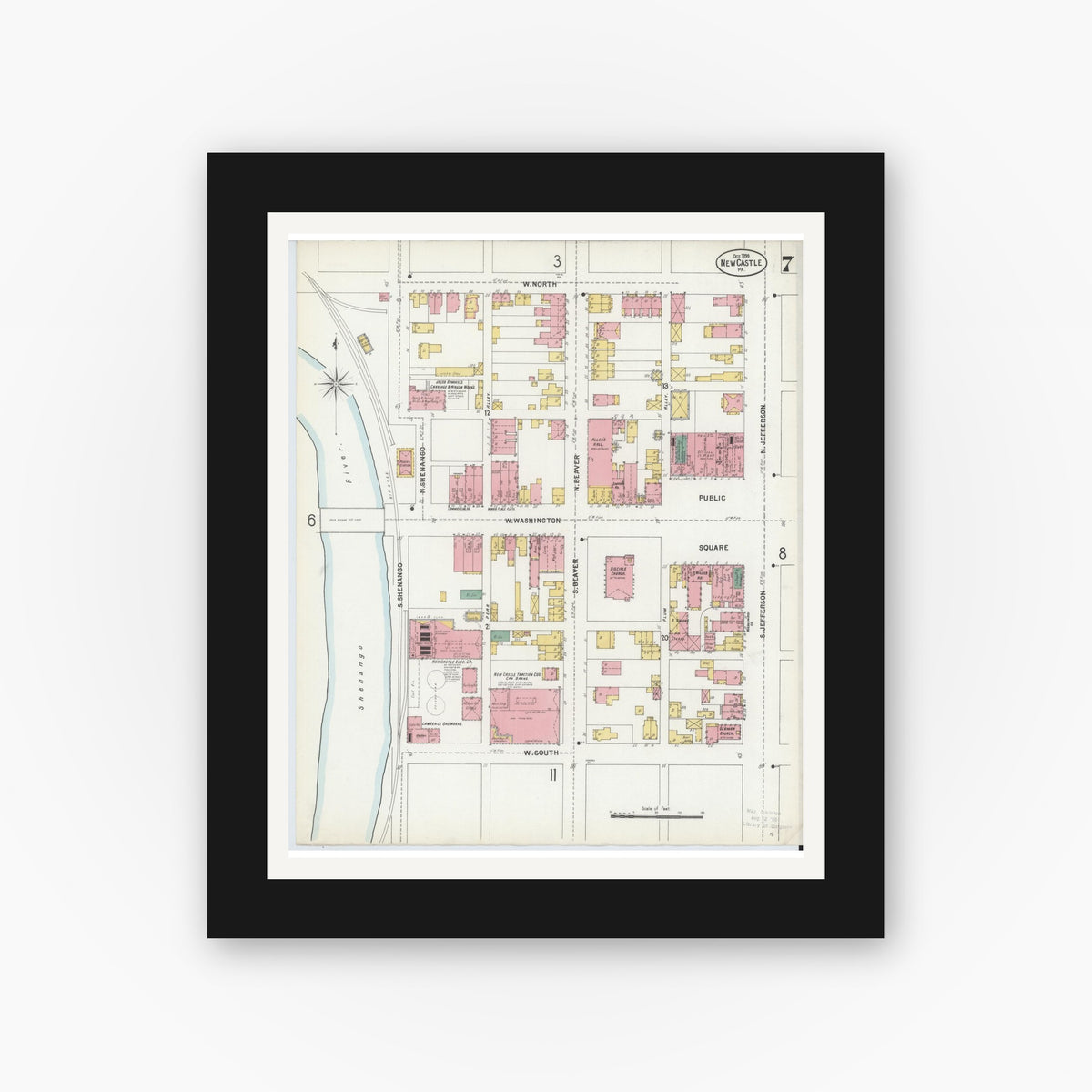 Old map wall art mockup — black gallery frame with white mat — Sanborn Fire Insurance Map from New Castle, Lawrence County, Pennsylvania (1899), Sheet #0007