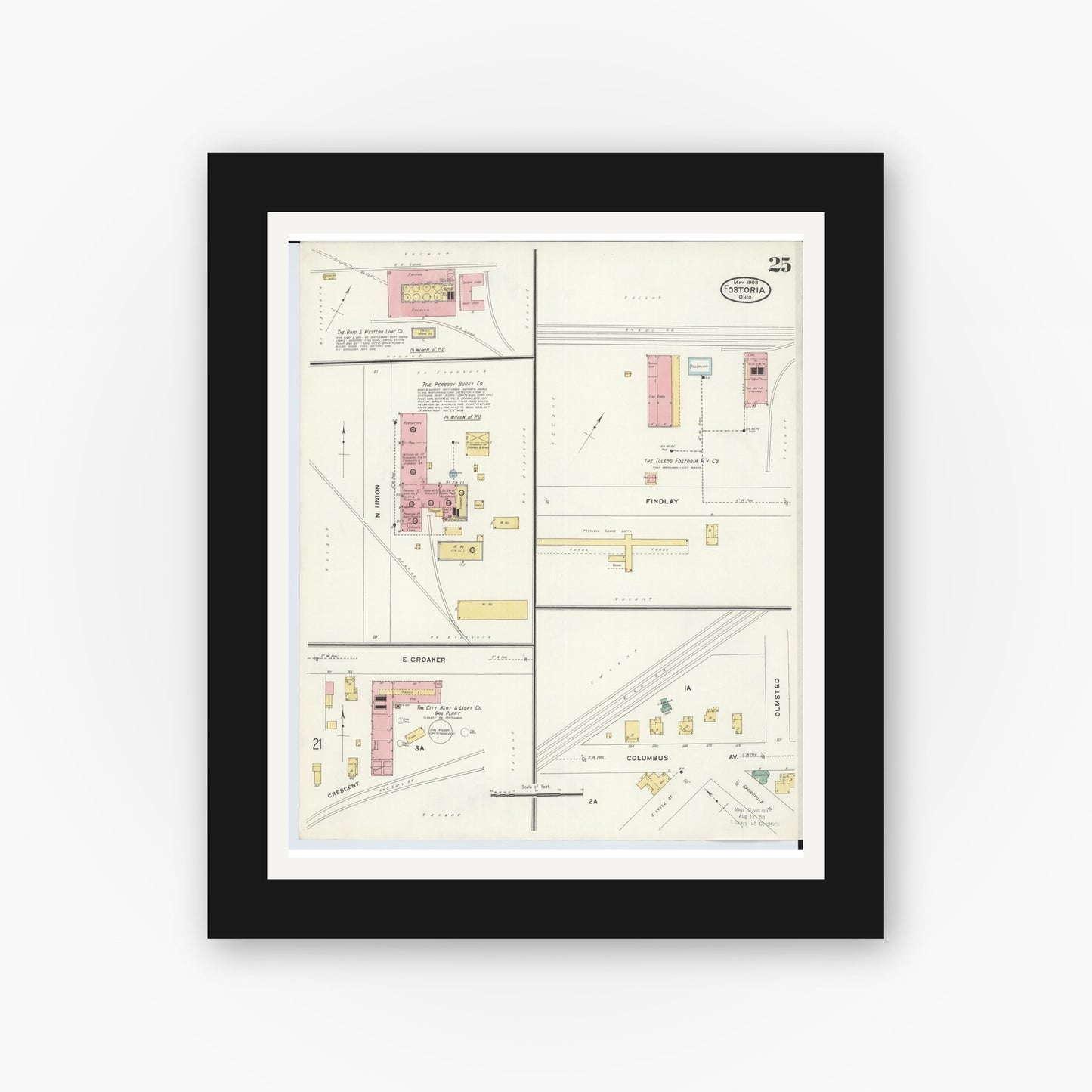 Old map wall art mockup — black gallery frame with white mat — Sanborn Fire Insurance Map from Fostoria, Seneca, Hancock, And Wood Counties, Ohio (1908), Sheet #0025