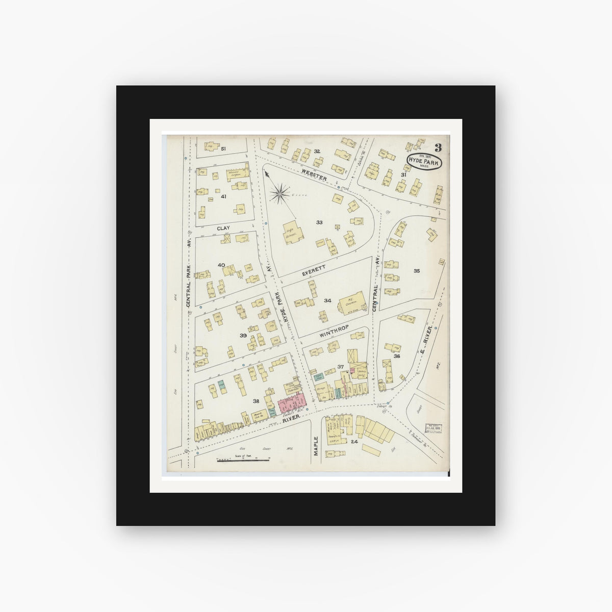 Old map wall art mockup — black gallery frame with white mat — Sanborn Fire Insurance Map from Hyde Park, Norfolk County, Massachusetts (1891), Sheet #0003