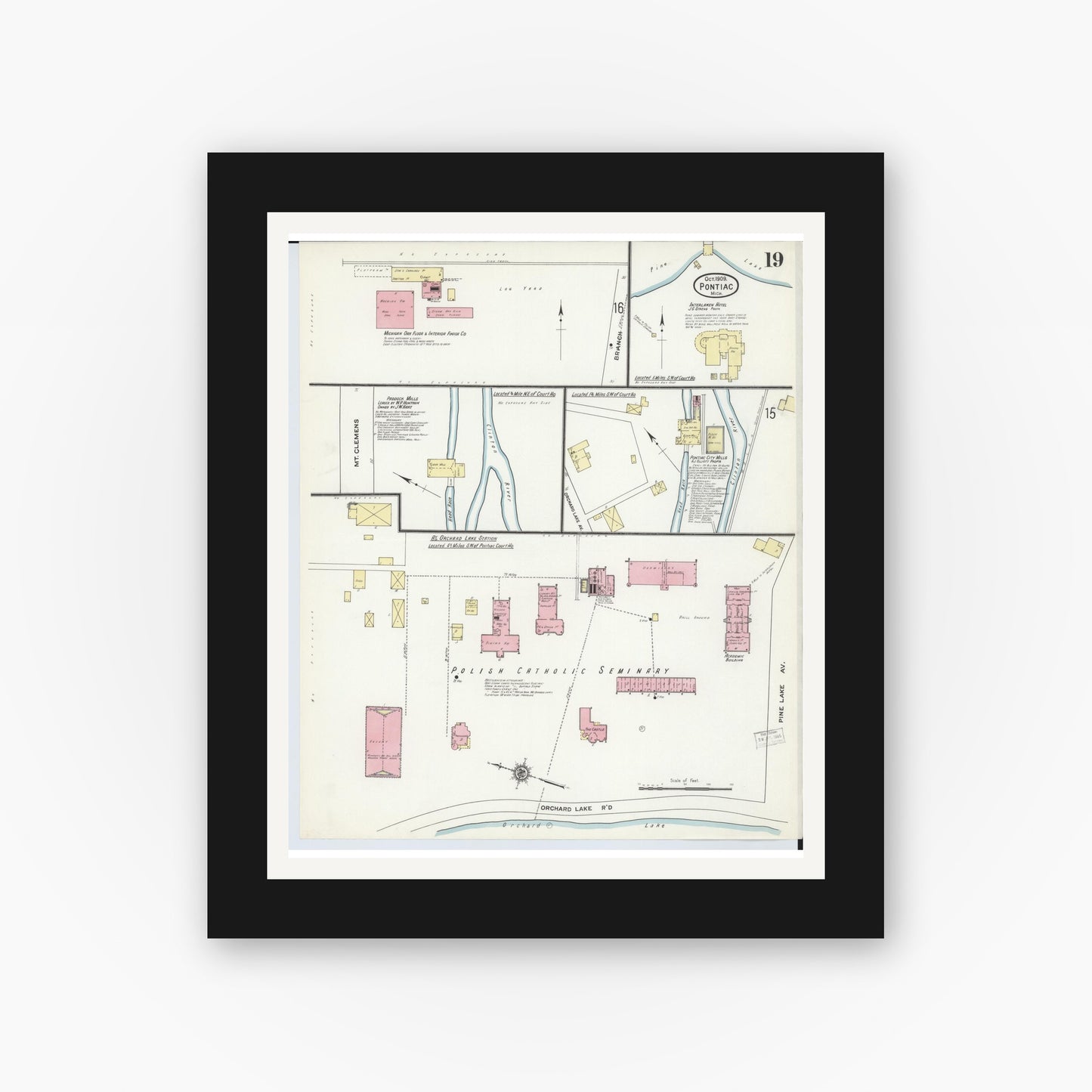Old map wall art mockup — black gallery frame with white mat — Sanborn Fire Insurance Map from Pontiac, Oakland County, Michigan (1909), Sheet #0019