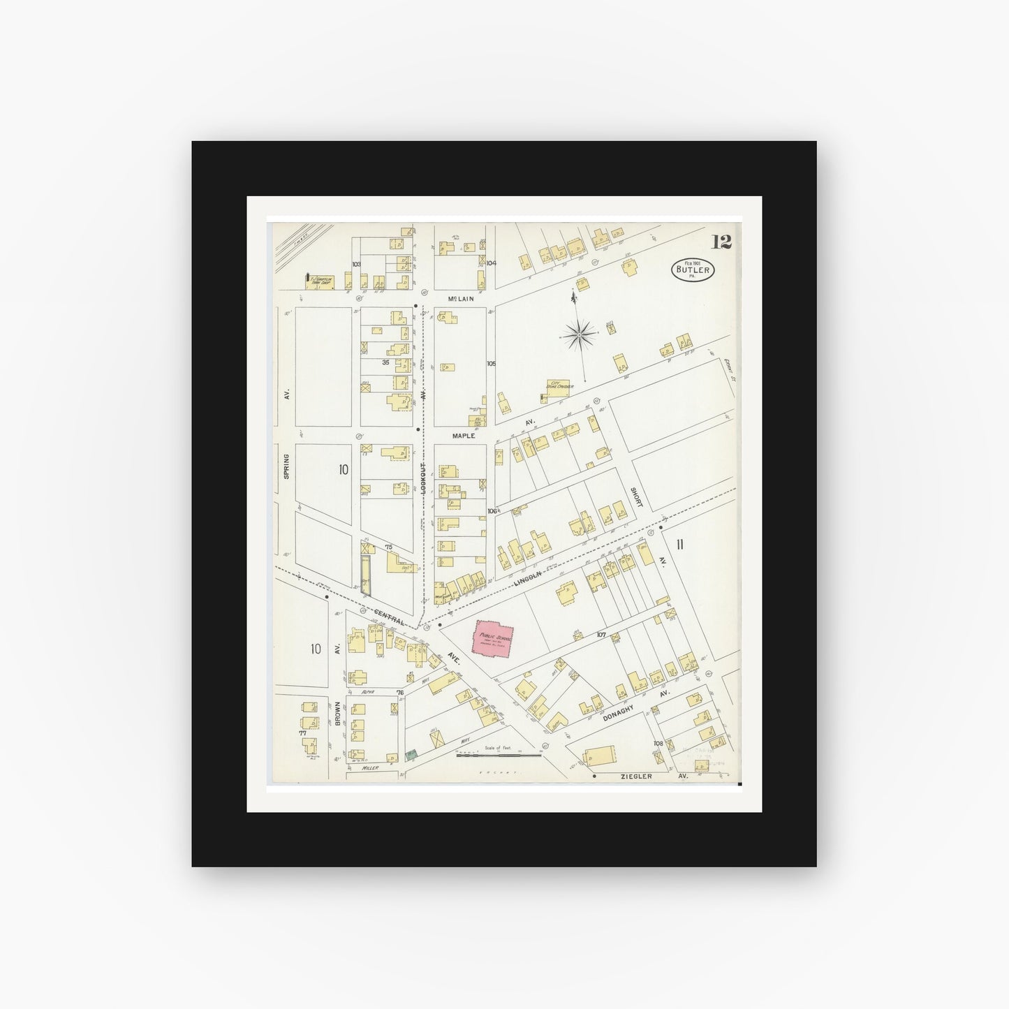 Old map wall art mockup — black gallery frame with white mat — Sanborn Fire Insurance Map from Butler, Butler County, Pennsylvania (1901), Sheet #0012