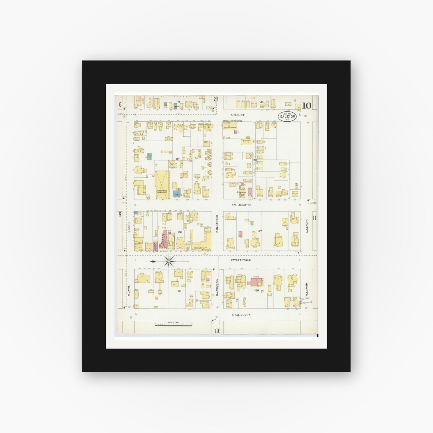 Old map wall art mockup — black gallery frame with white mat — Sanborn Fire Insurance Map from Raleigh, Wake County, North Carolina (1903), Sheet #0010
