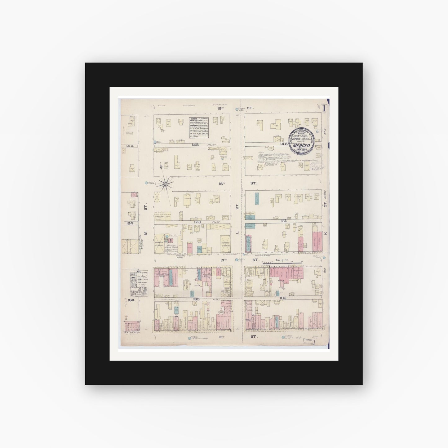 Old map wall art mockup — black gallery frame with white mat — Sanborn Fire Insurance Map from Merced, Merced County, California (1885) - Complete Map Set